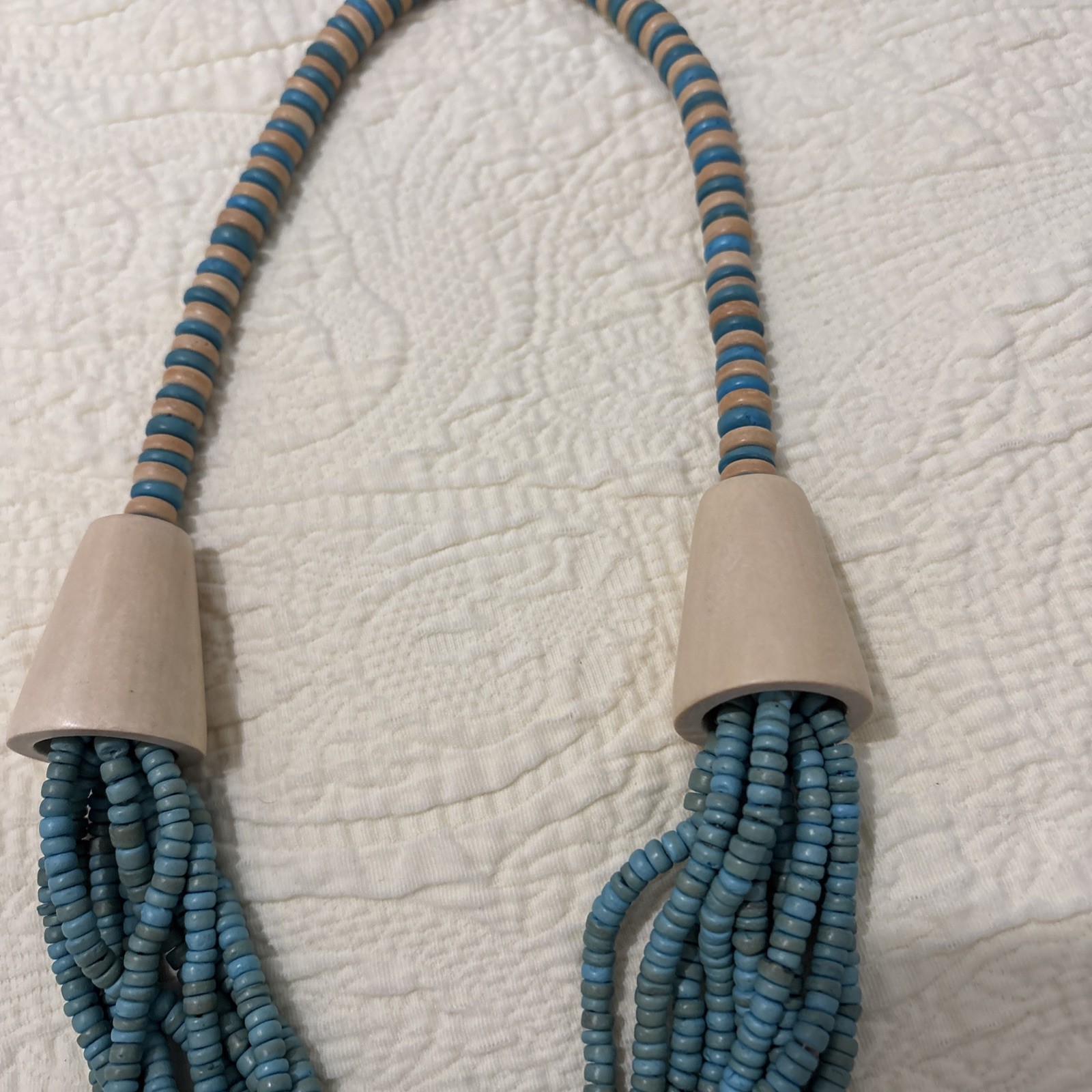 Vintage Exotic Boho Tribal Blue Beige Wood Beads Statement Necklace 26”