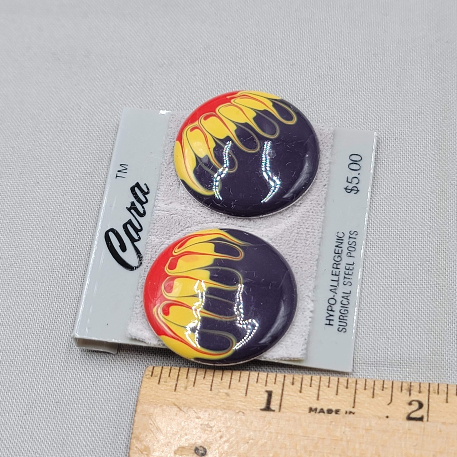 Vintage Black Yellow Red Round Enamel Cara Pierced Earrings NOS Prop 1″
