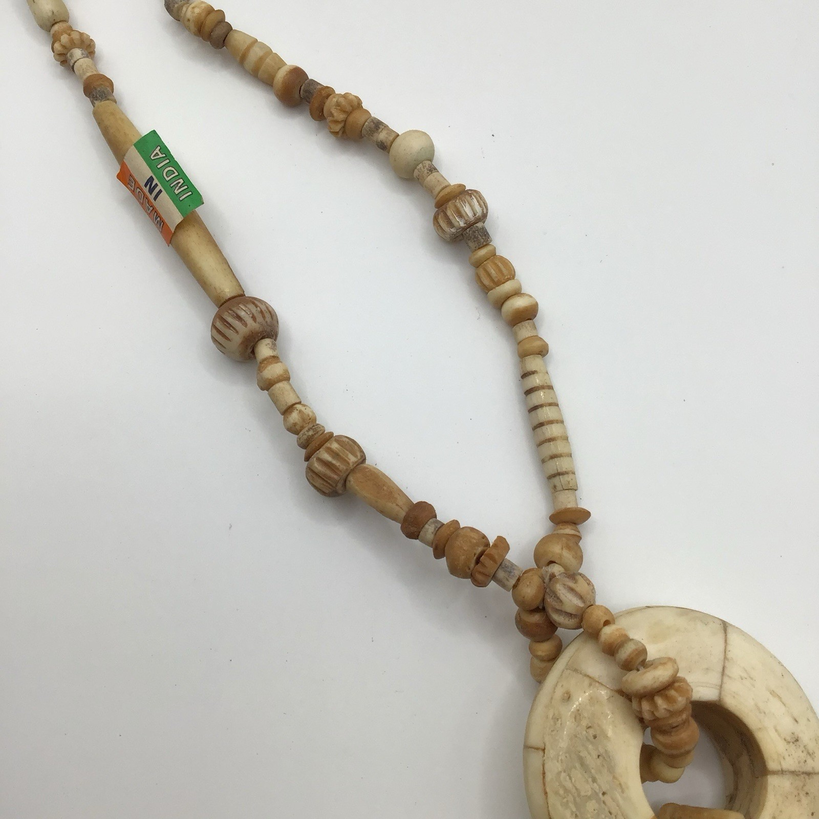 Vintage New Old Stock Natural Carved Tribal Necklace~Made In India~32″