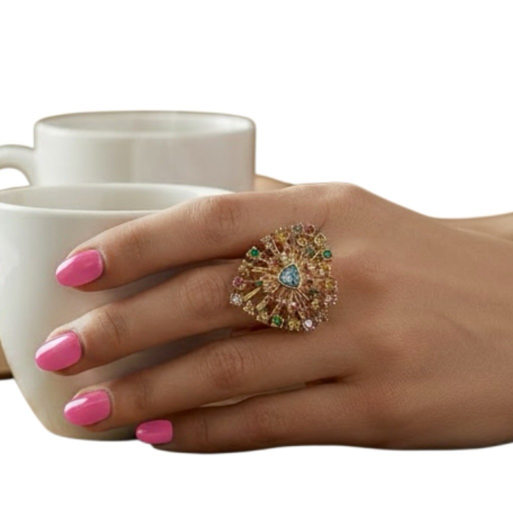 BOUTIQUE Heart Gold Pink Blue Gold Stretch Size 6-8 Statement Ring