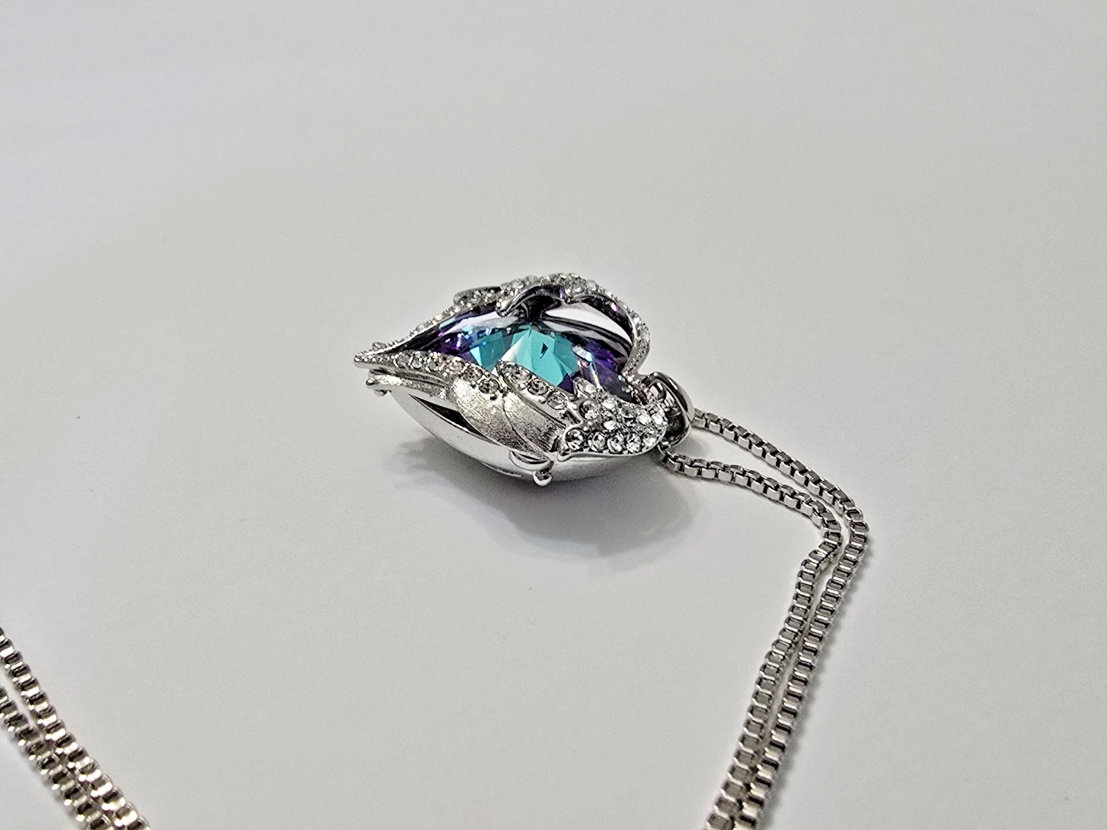 Angel Wings Blue Purple Crystal Heart Silver Tone Pendant Necklace