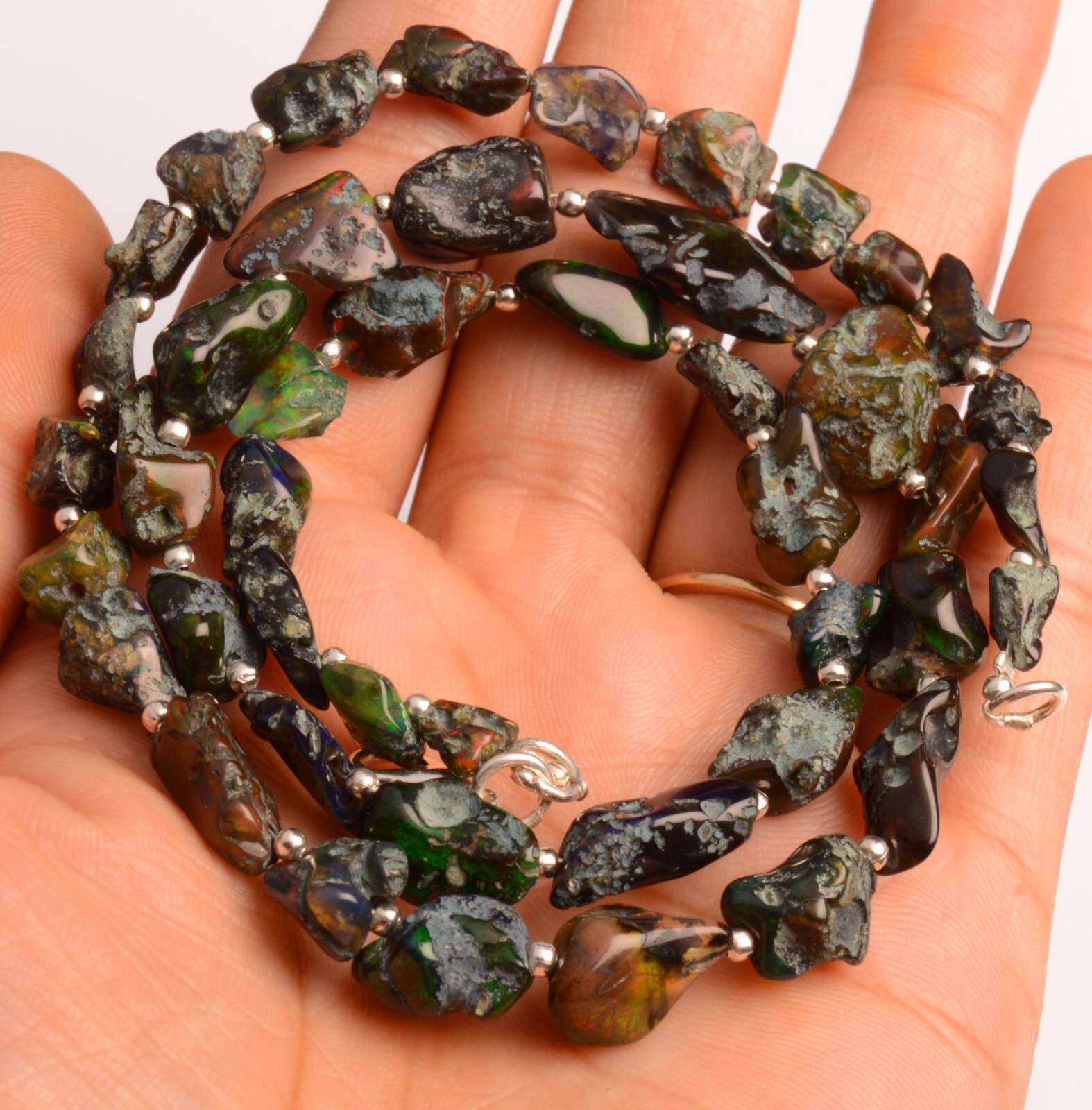 Natural Gem Welo Black Fire Opal 7 to 13 mm Rough Nugget Beads 20″ Necklace