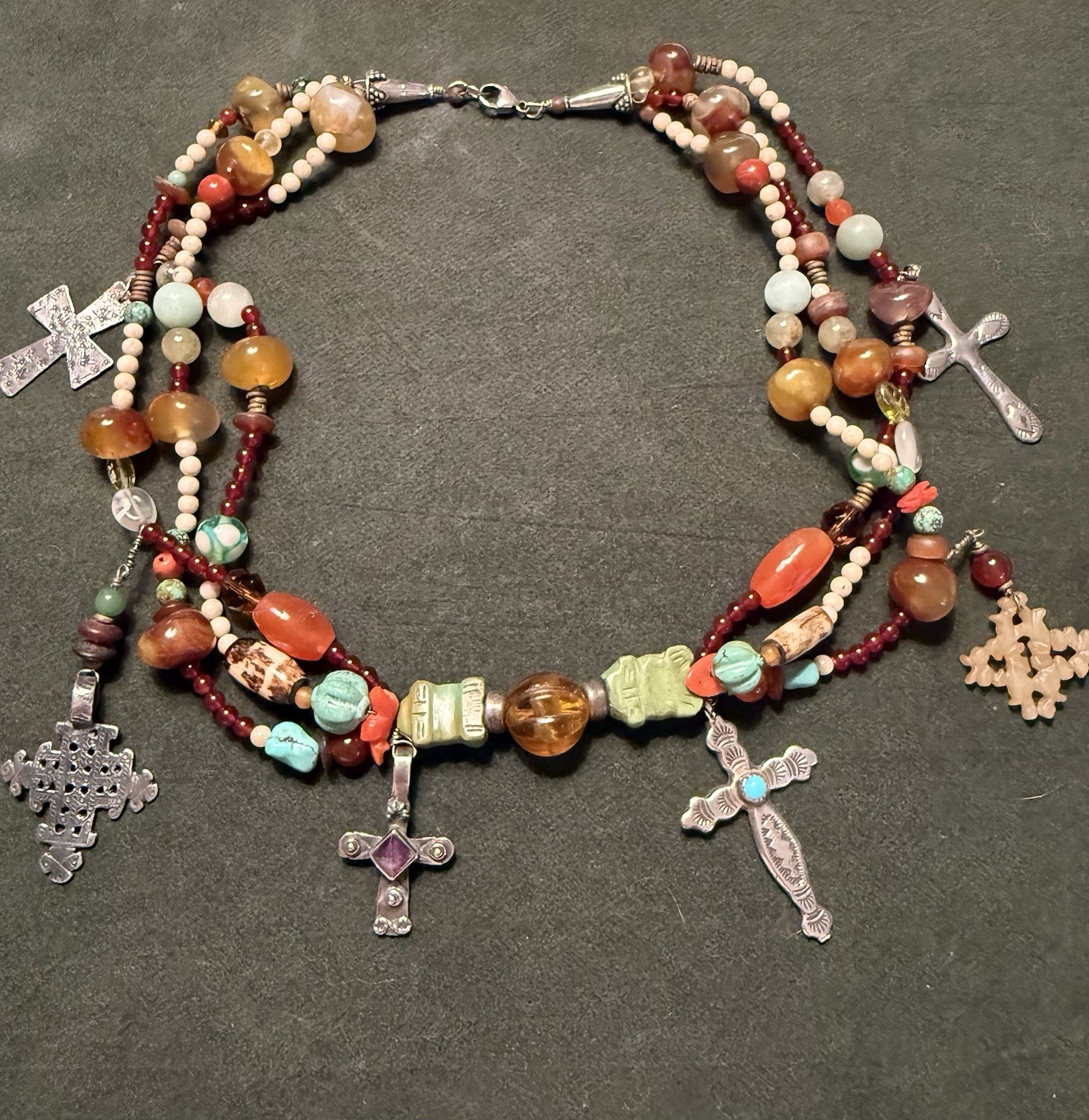 Southwestern Multicolor, 3 Strand Beaded Necklace with Crosses
