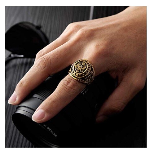 Stainless Steel Gold US Army Ring – Army Seal Biker Ring W/ US Army Flag & Eagle