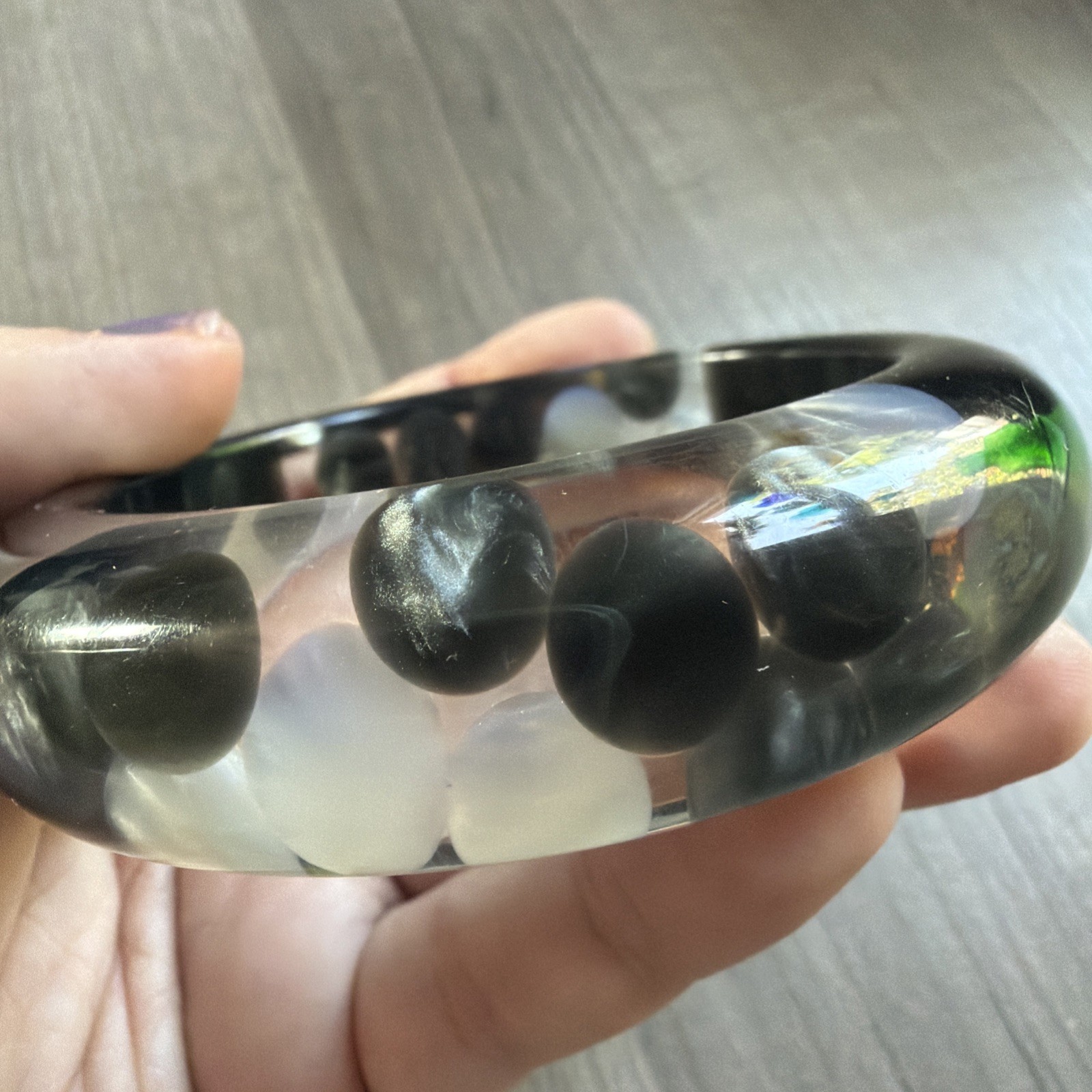 Lucite Black Clear Chunky Bangle Injected White Gray Polka Dot Boba Bubble