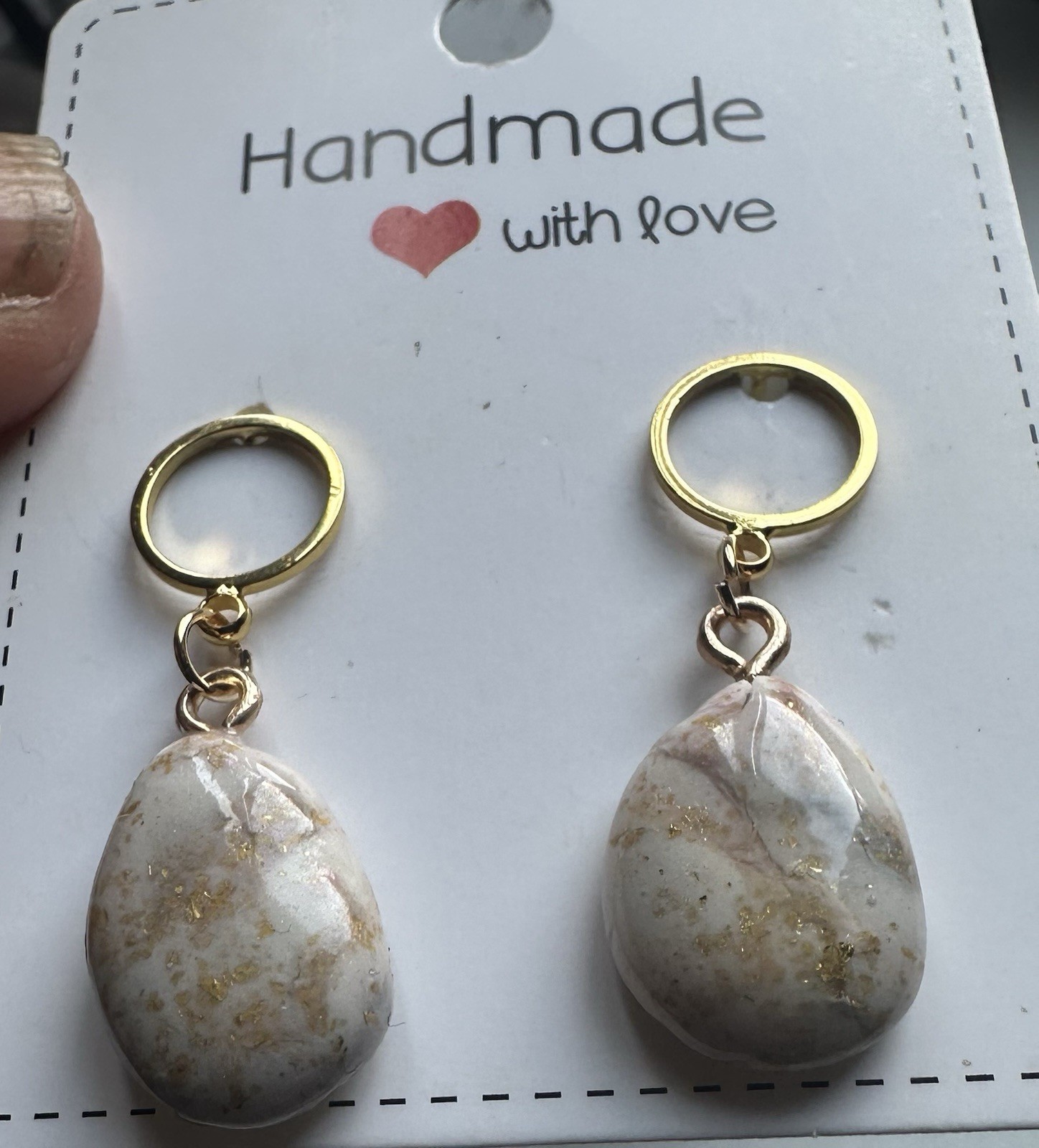 Gold White Resin Teardrop Dangle/Drop Earrings, Leverback, Handmade, No Stone