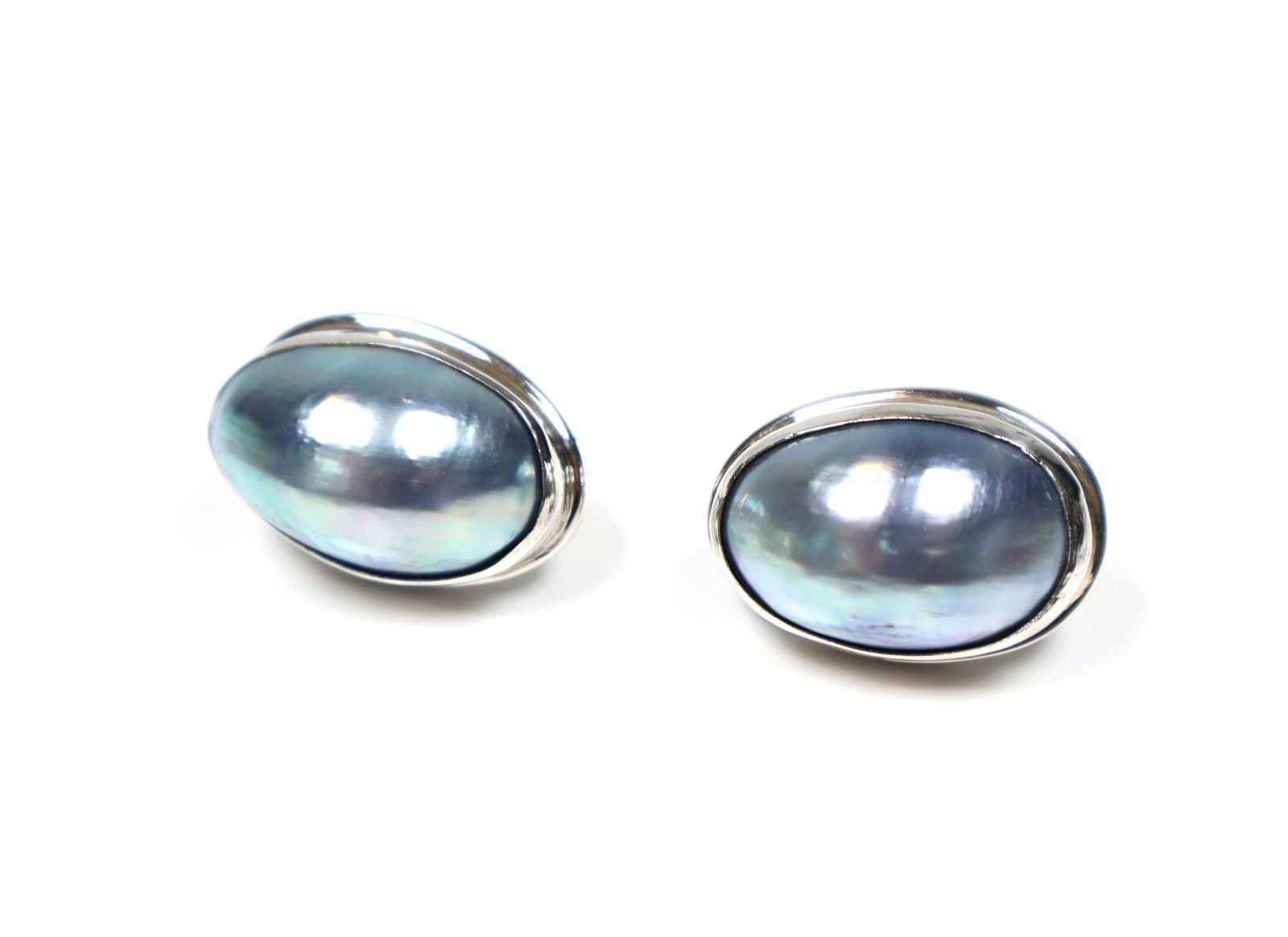 Vintage Blue Mabe Pearl 925 Sterling Silver Stud Post Earrings Large Oval Shape