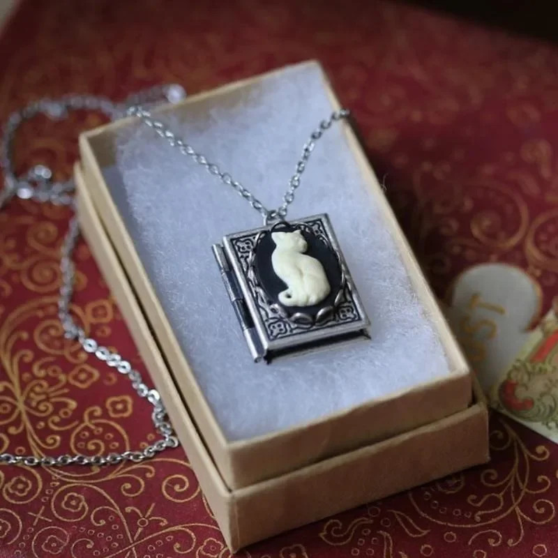 Cat Book Locket Necklace Jewelry Gothic Silvery Kitten Animal Pendant