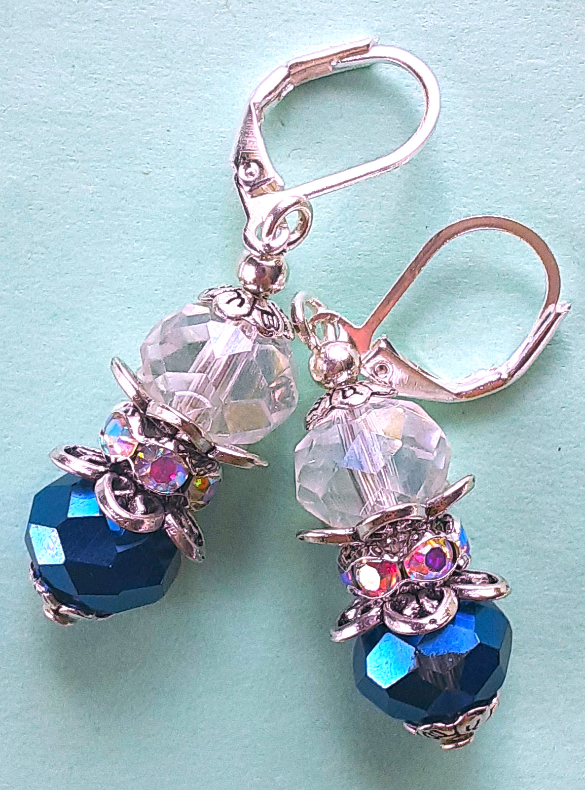 NAVY & CLEAR Faceted CRYSTALS AB CRYSTAL RING earring SP LEVERBACK artisan #N25