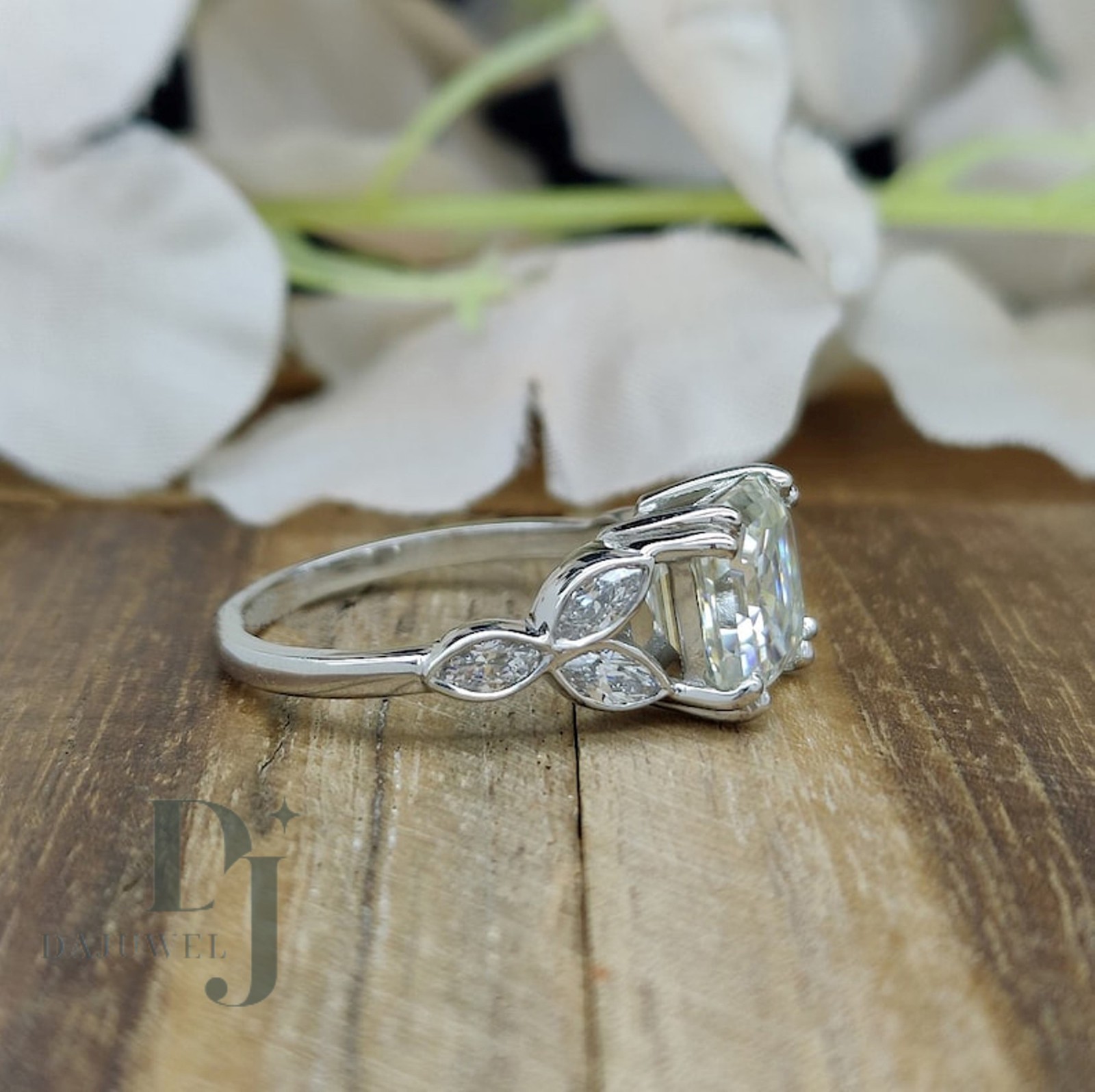 Moissanite Fancy Engagement Ring Solid 14K White Gold 2.30 CT Asscher Cut F/VVS1