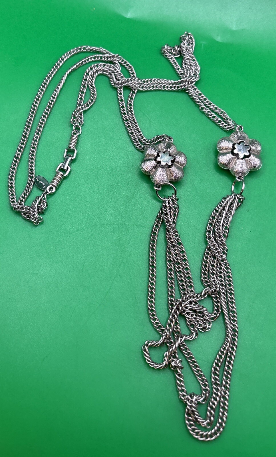 Vintage ROGET Silver Tone Multi Strand Necklace Lovely Flower Accents