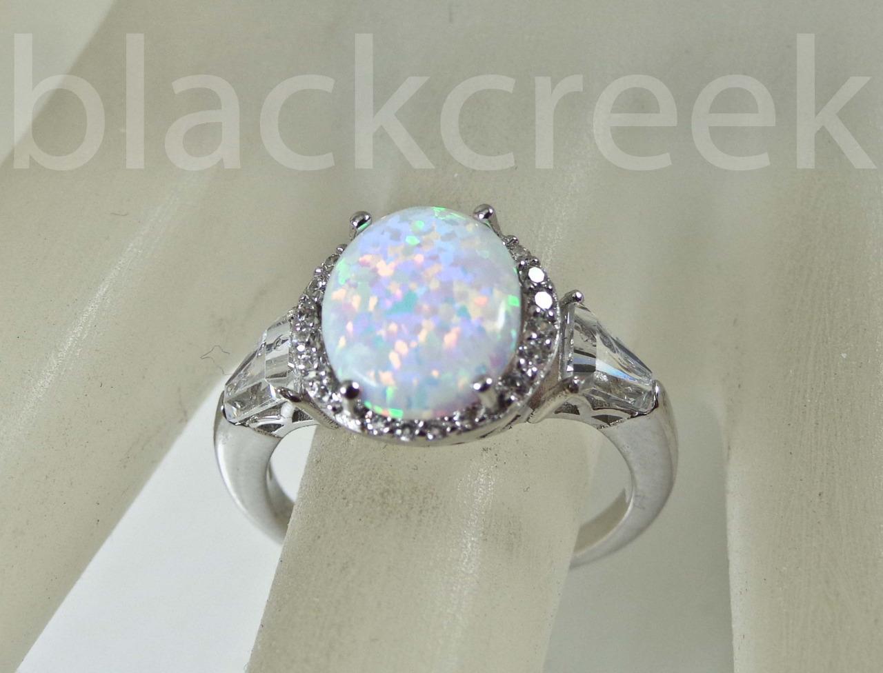 925 Sterling Silver~White Fire Oval Opal/Micro Pave Ring Choose Size