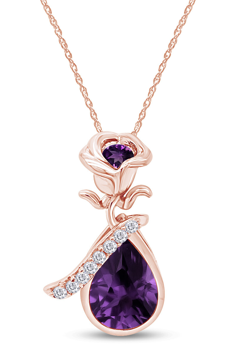 Amethyst Rose Teardrop Pendant Necklace in 14K Rose Gold Plated