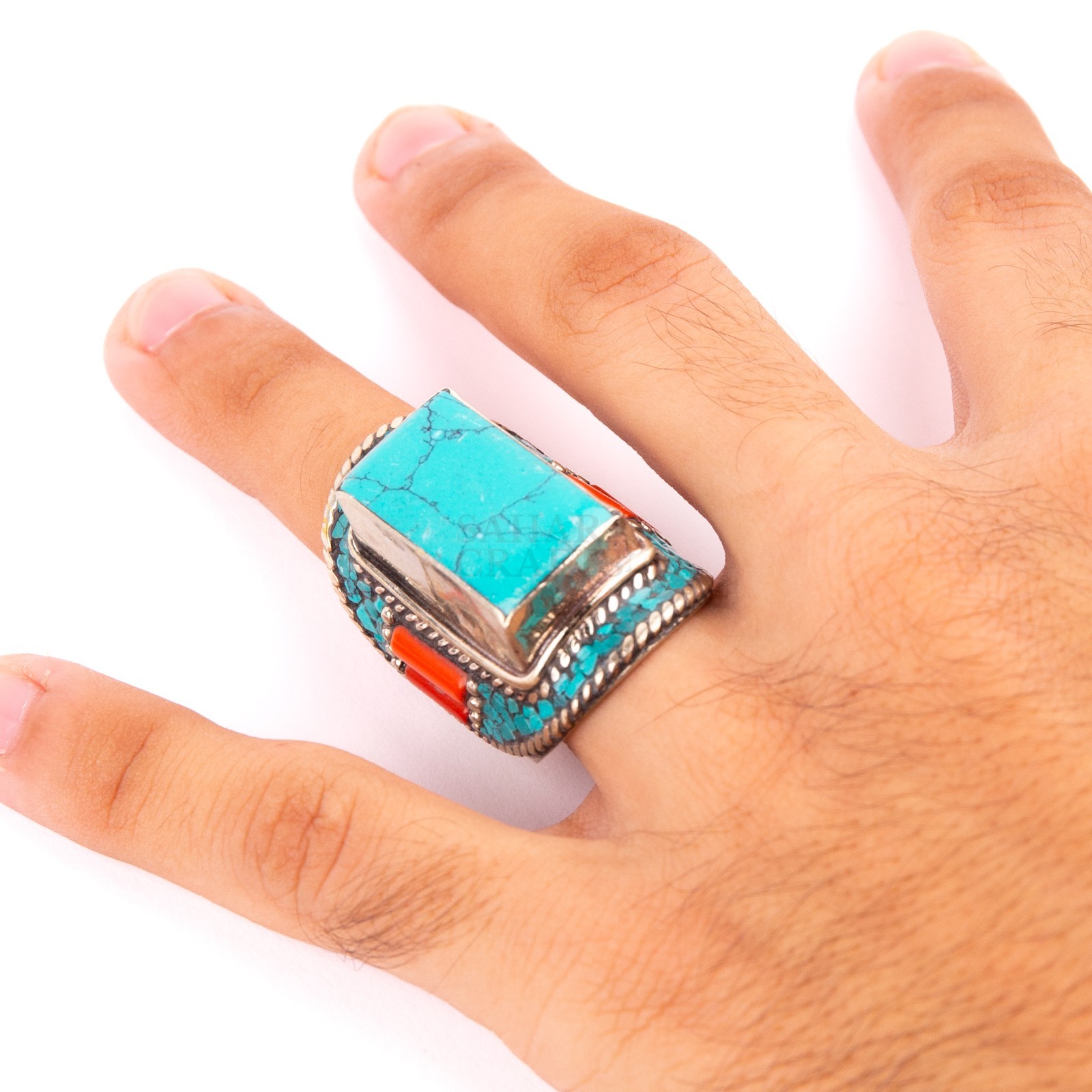 Tibetan Ring, Red Coral Turquoise Stone, Traditional Tibetan Bead Jewelry, US9.5