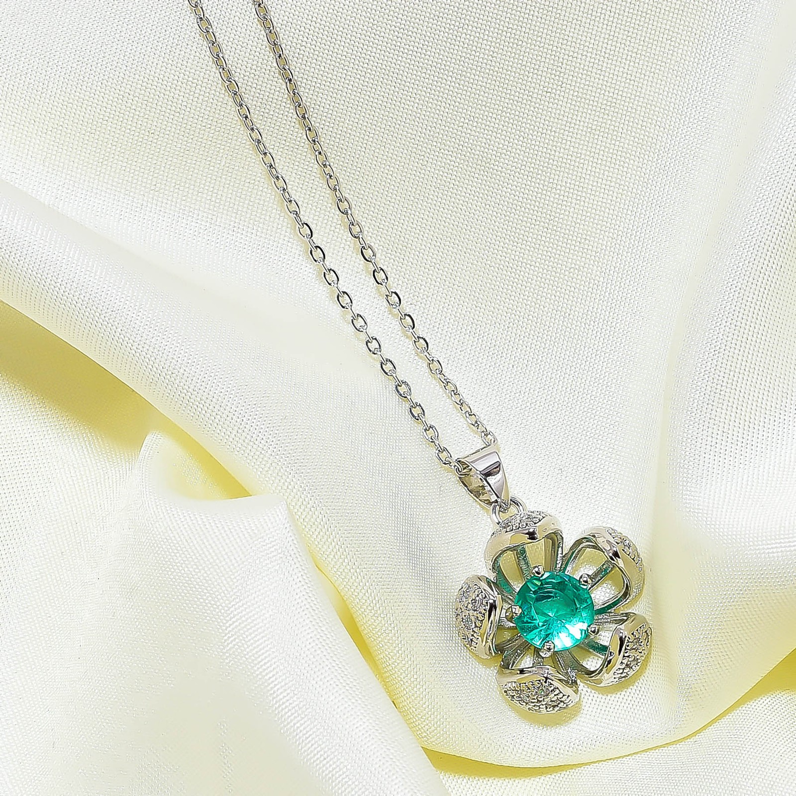 Apatite & Cz 925 Sterling Silver Floral Pendant With Chain 18-20″ CP161322