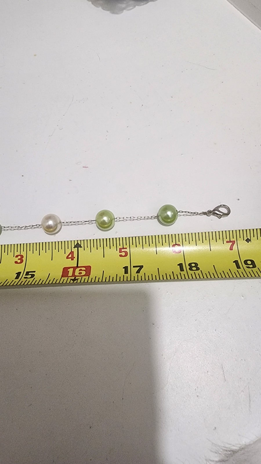 Vtg Kissaka Faux Pearl Necklace Green White Pearls Silver Toned Chain 19” Signed