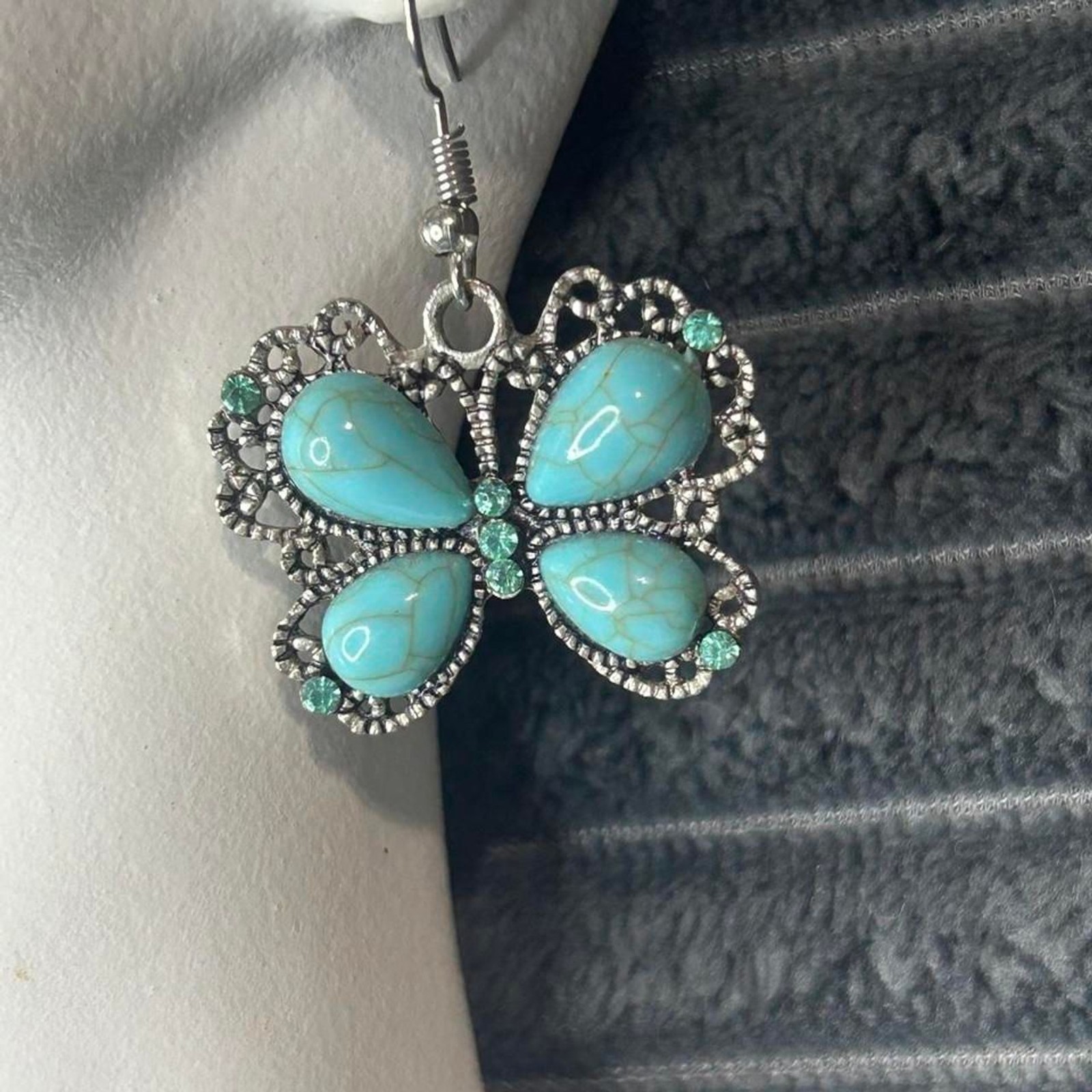 Western Faux Turquoise Butterfly Dangle Earrings Silver Filigree Teal