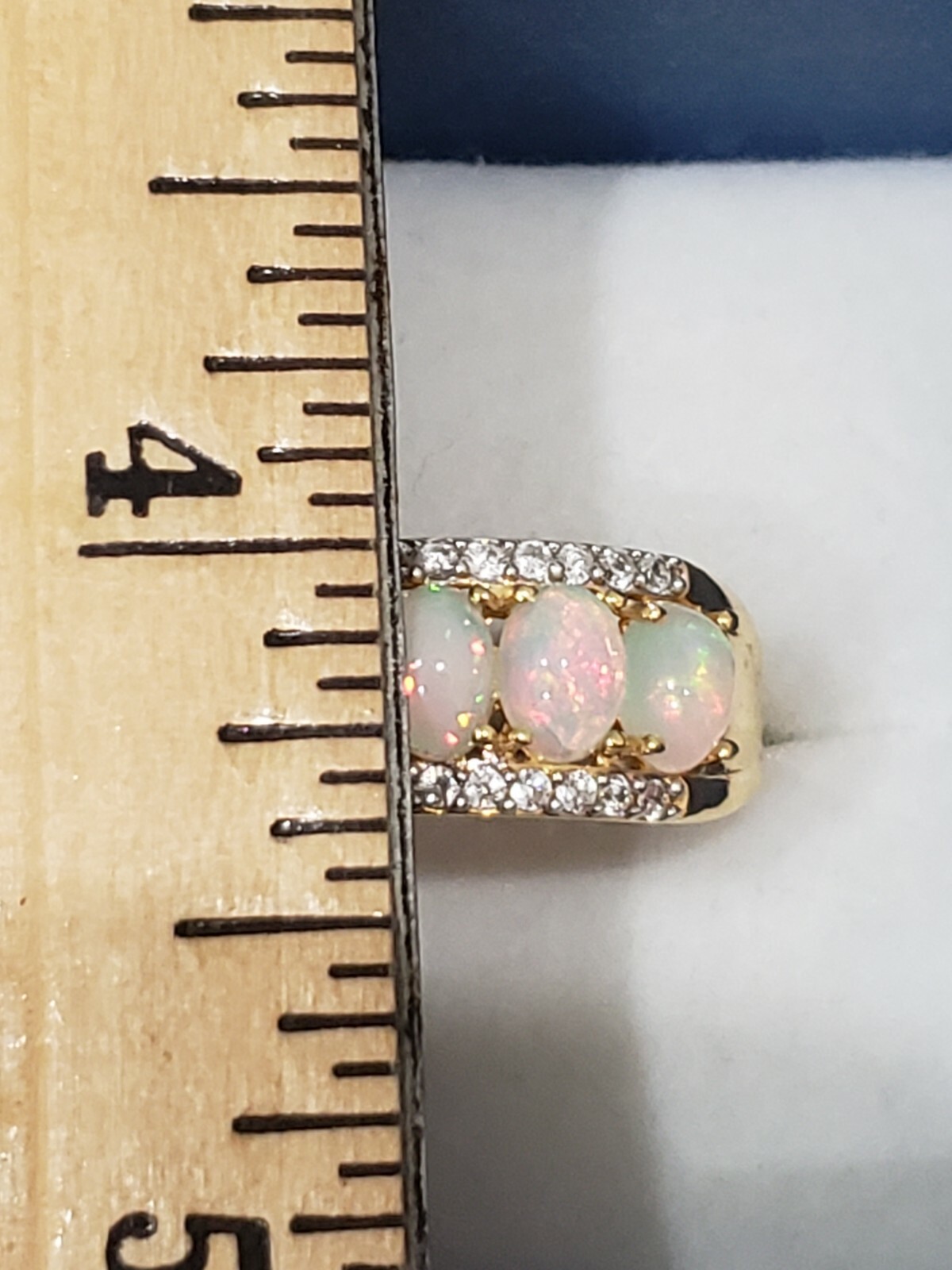 Ethiopian Welo Opal & White Zircon band ring in 14K YG over 925 SS 1.90 cts sz 8