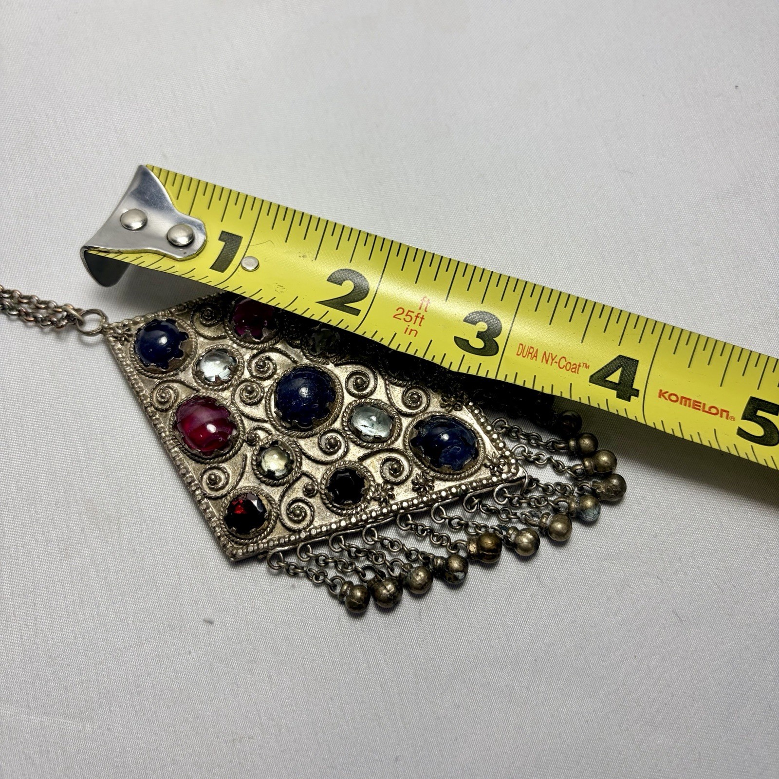 Vintage Kuchi Tribal Pendant Intricate Metalwork Adorned Colored Cabochons