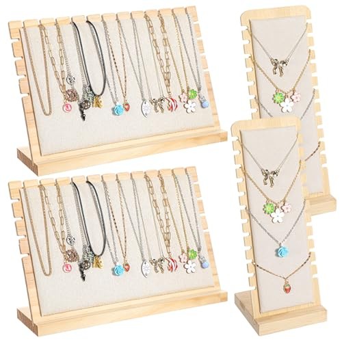 4PCS Bamboo Wood 12-Slot Necklace Display Stands with Beige Velvet, Permanent