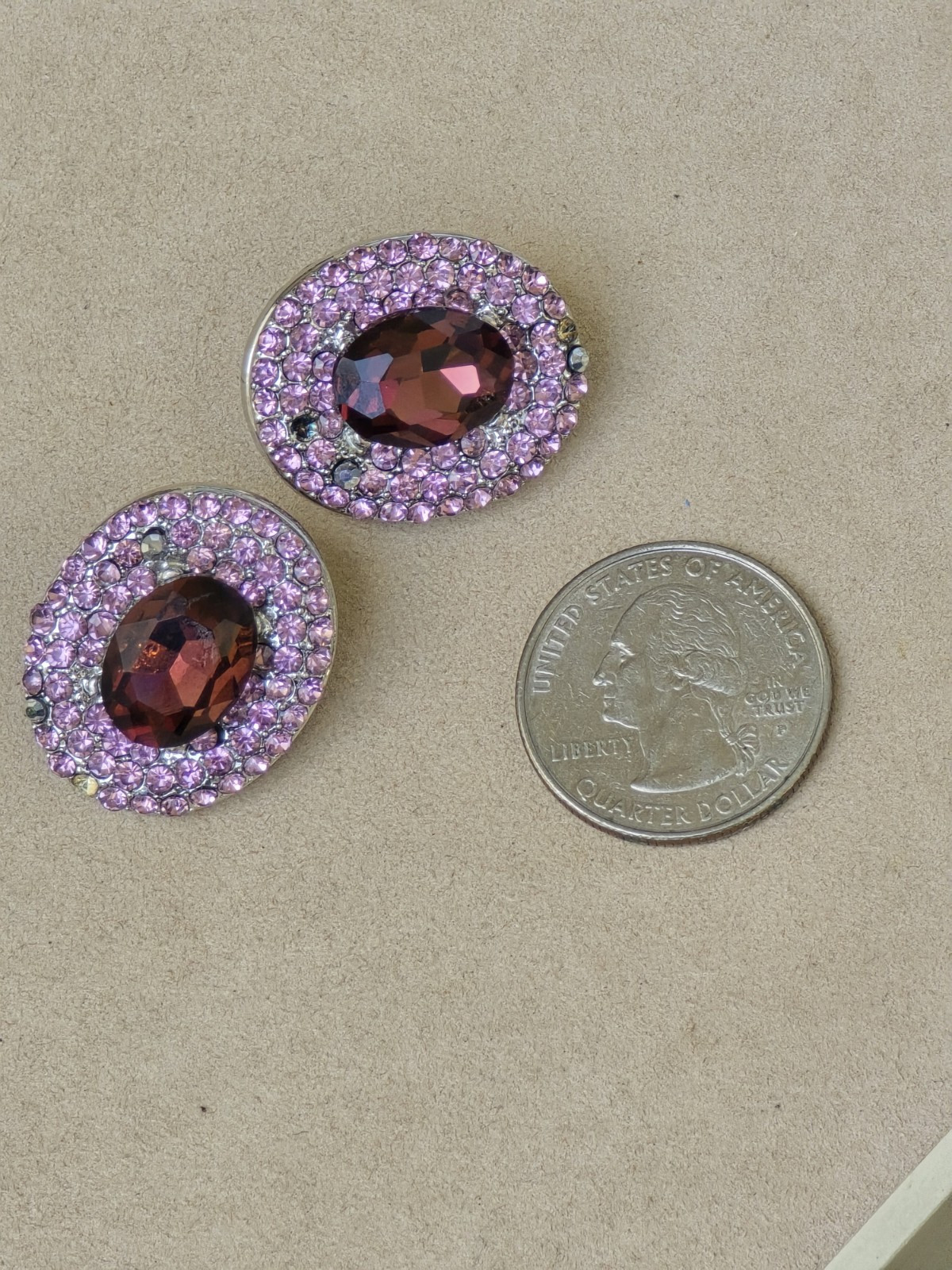 Vtg Pink Rhinestones Pave Burgundy Crystal Silver Tone Oval Stud Clip Earrings