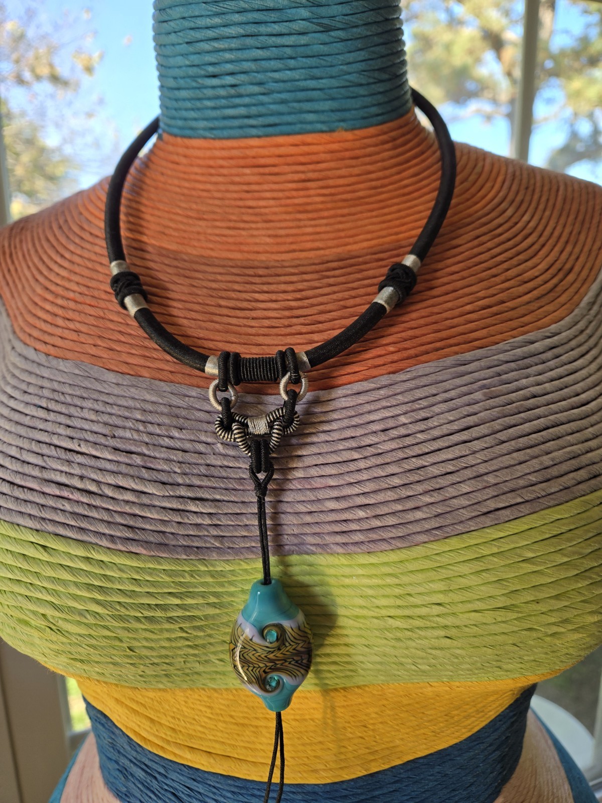 Art Glass Bead Necklace On Silver Wrapped Black Cord Boho Unique