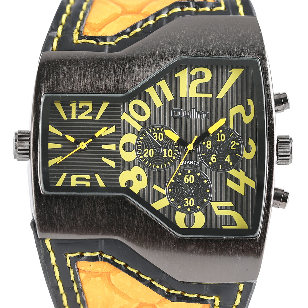 OULM Steampunk Style Two Time Zone Mens Watches PU Leather Quartz Wristwatch