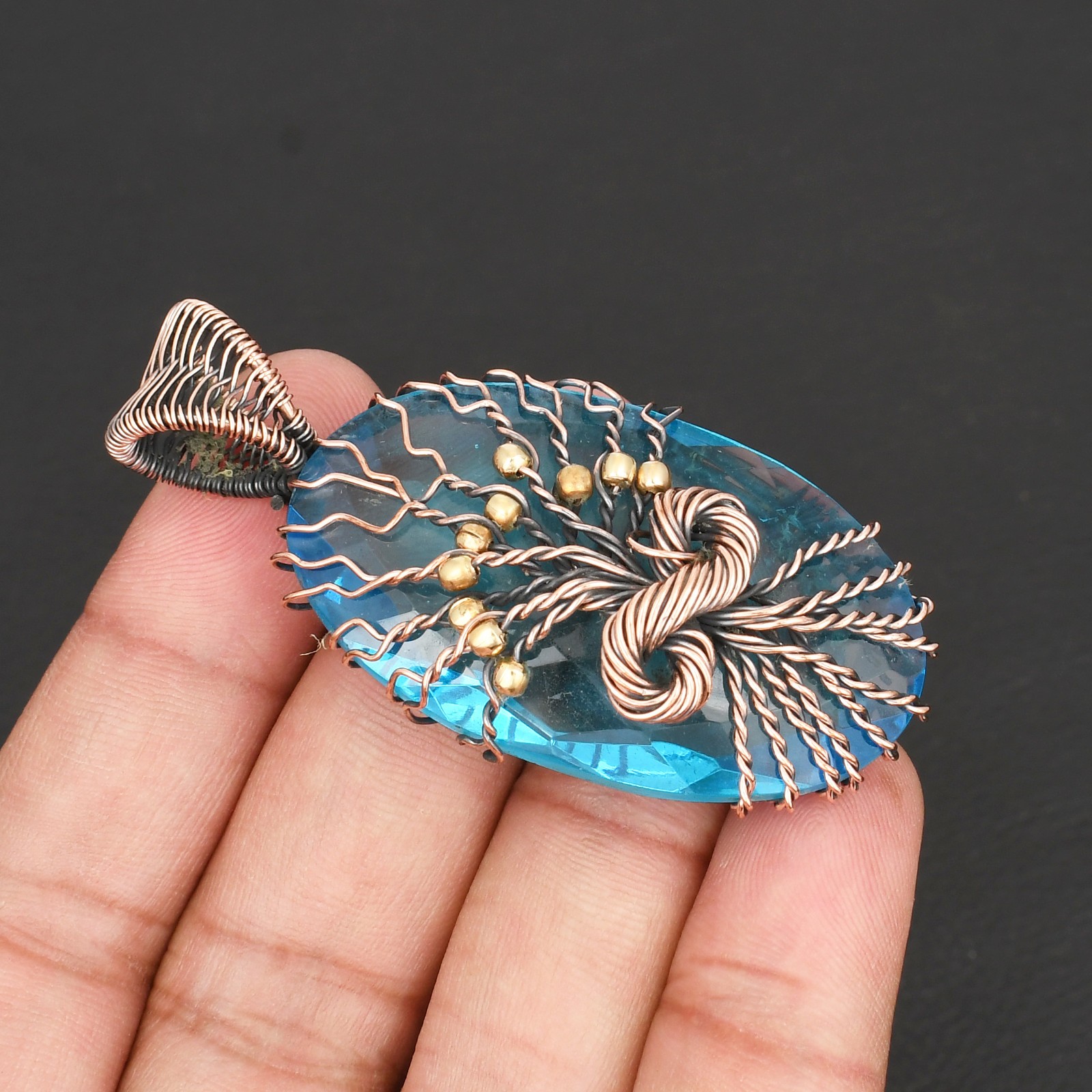 Tree of Life Pendant Wire Wrapped Copper Blue Topaz Gemstone Necklace Jewelry