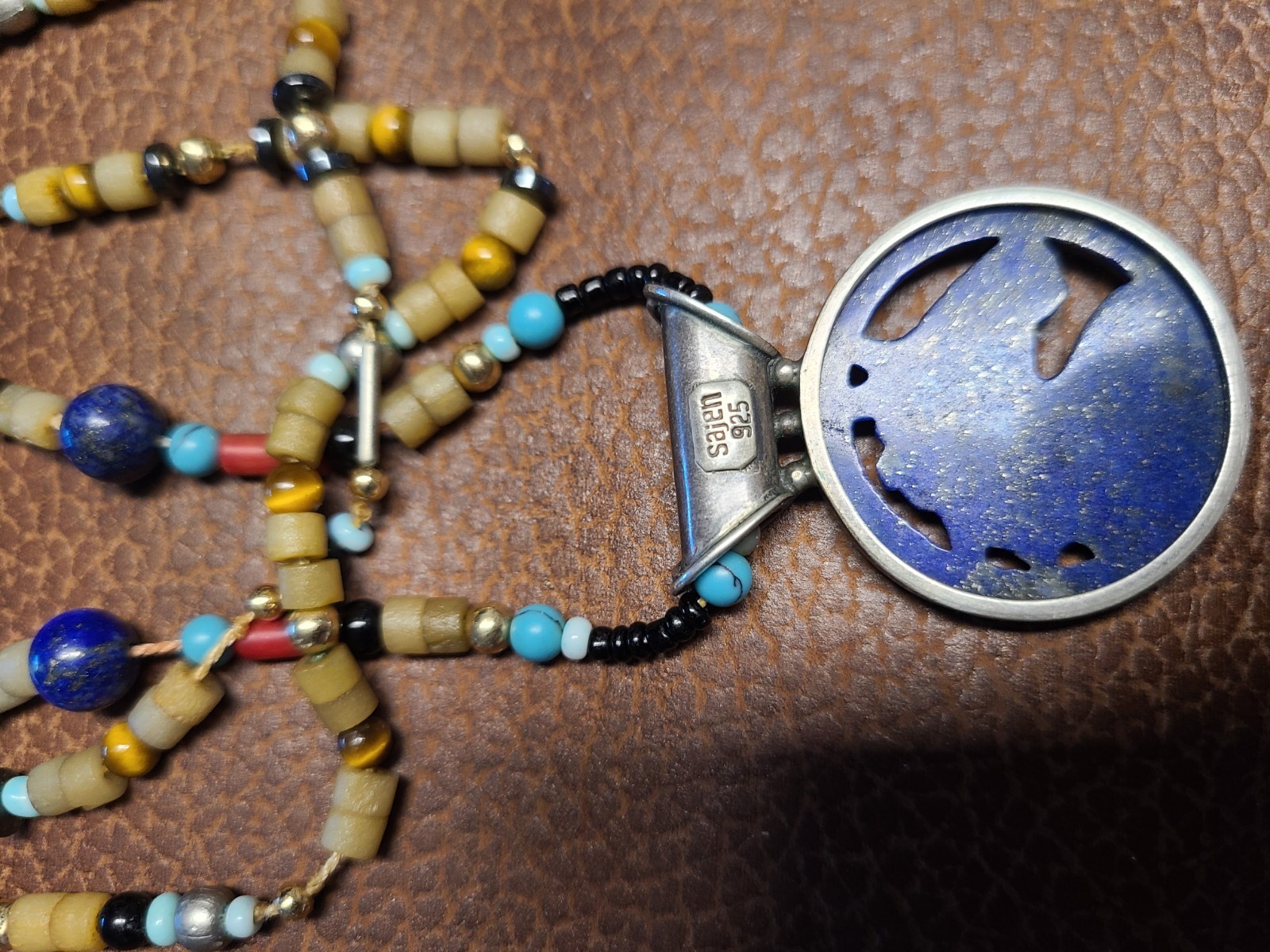 Vintage Sajen 14K Sterling Lapis Lazuli Turquoise Coral Horse Pendant Necklace