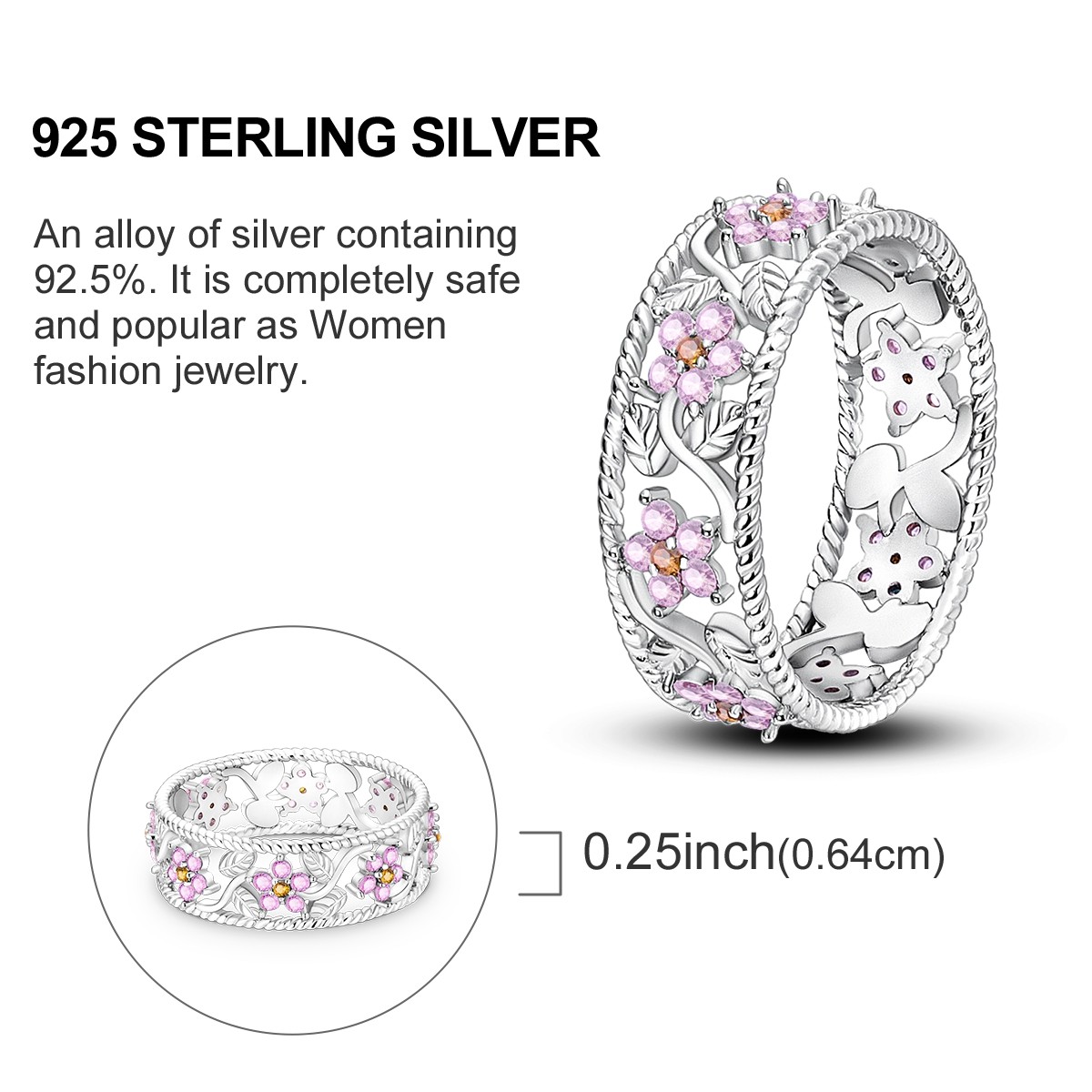 LAZA Original 925 Sterling Silver Pink CZ Flowers Finger Ring for Women Jewelry