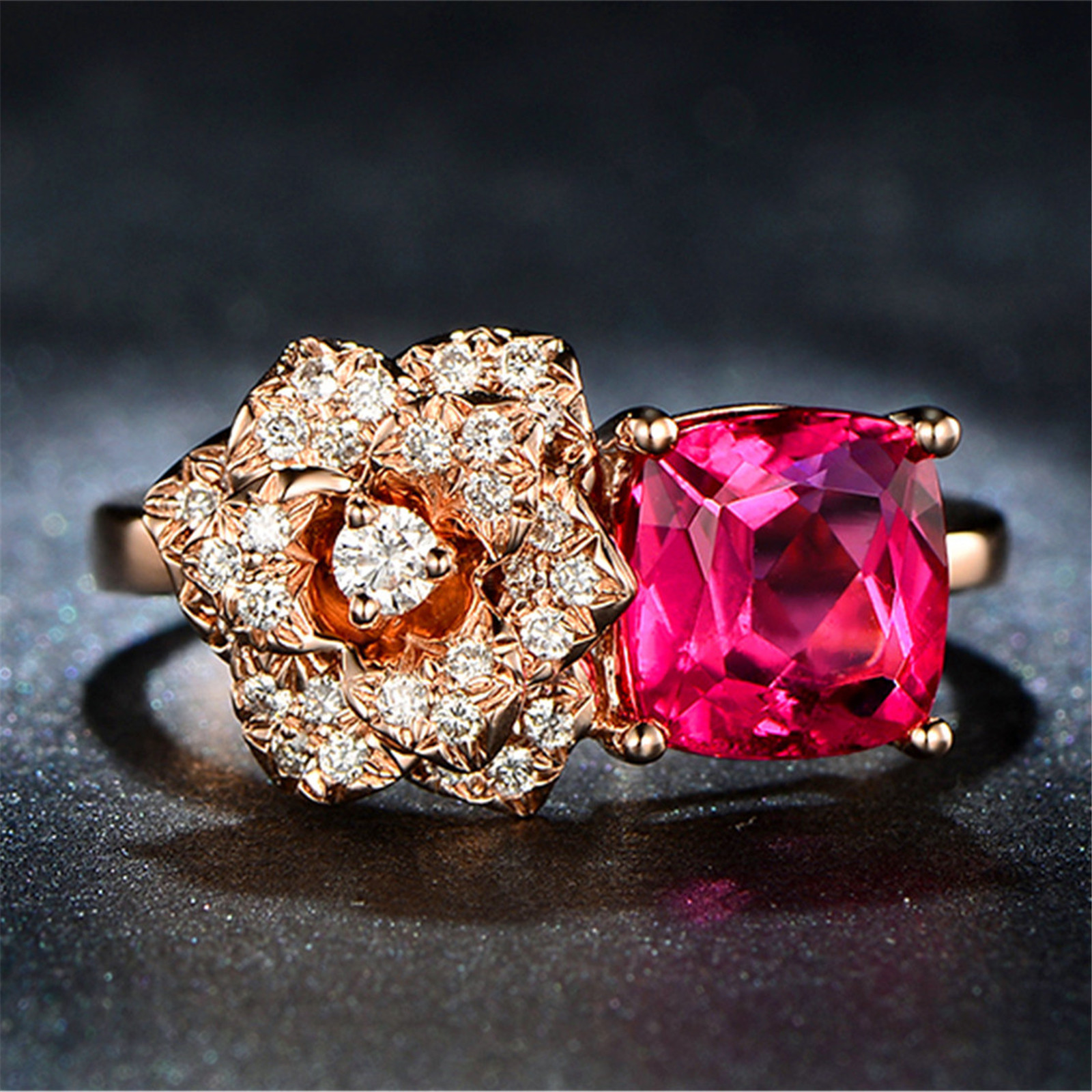 18K Rose Gold Filled Women Rose Red Crystal Flower Rings Men Rings J011