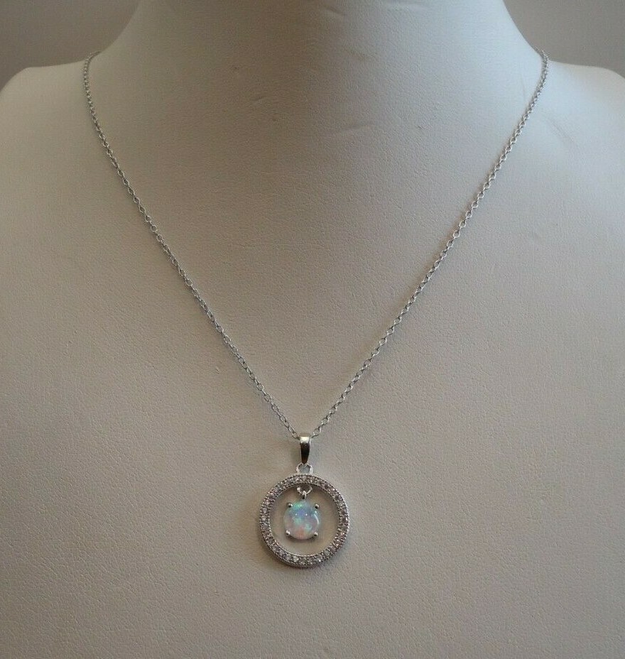 OPEN ROUND CIRCLE NECKLACE PENDANT W/LAB DIAMONDS & OPAL / 925 STERLING SILVER