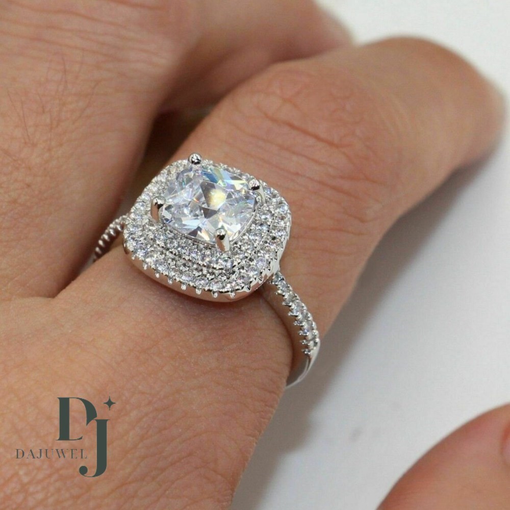2.50 CT Cushion Cut Moissanite Double Halo Engagement Ring Solid 14K White Gold
