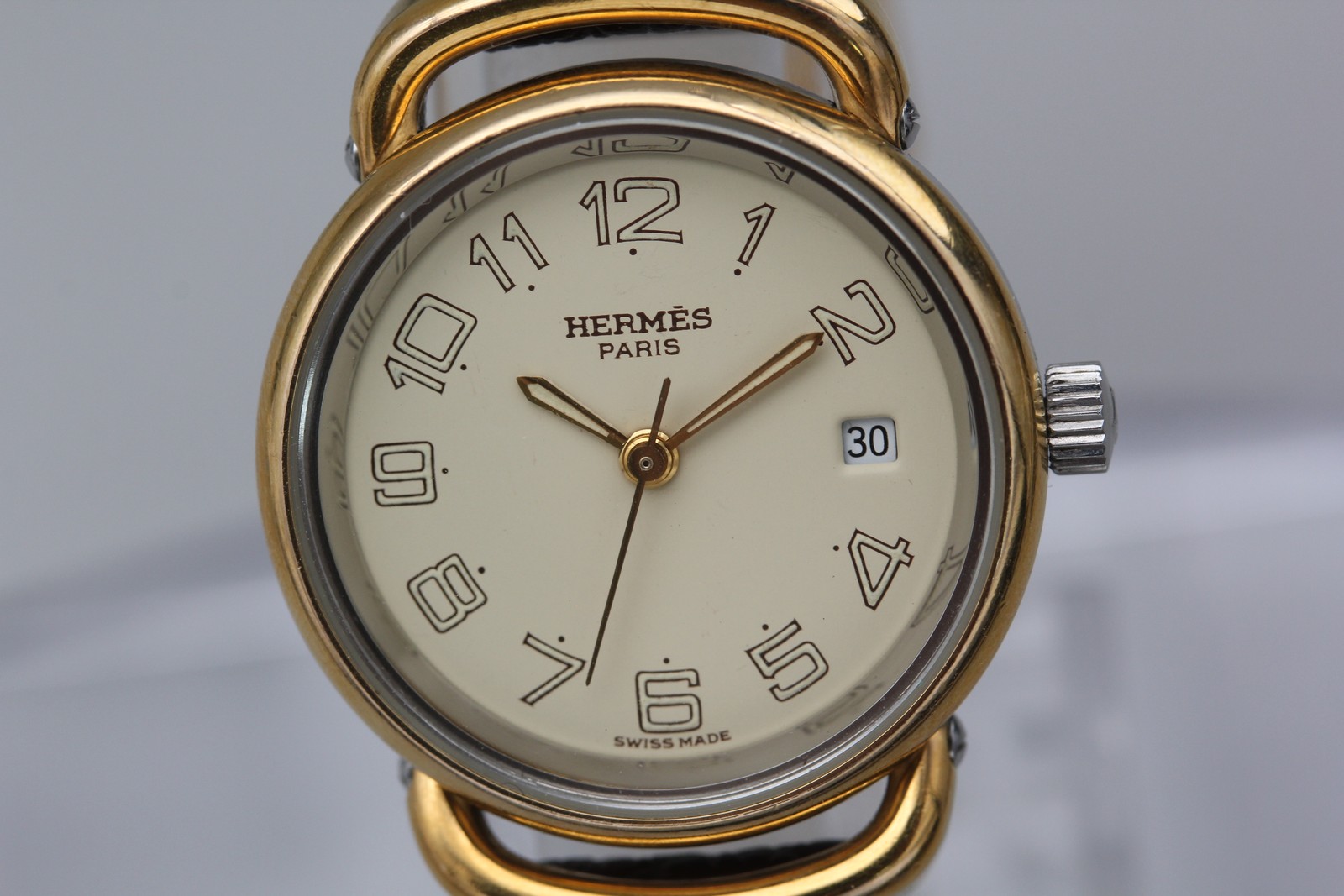 Serviced【Near MINT / Box】HERMES Pullman 24mm Gold Dial Quartz Date Women’s Watch