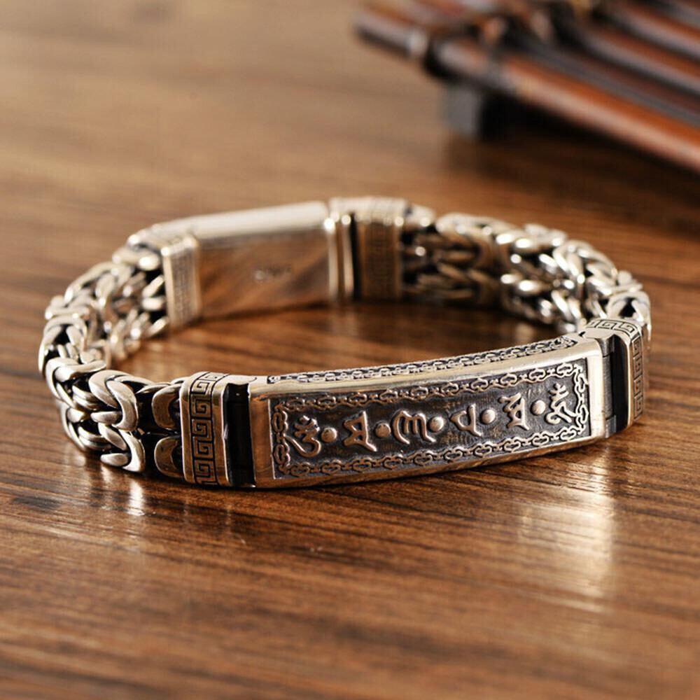 Solid S925 Sterling Silver Chain Six Words Byzantine Link Bracelet 62-63g 8.26in