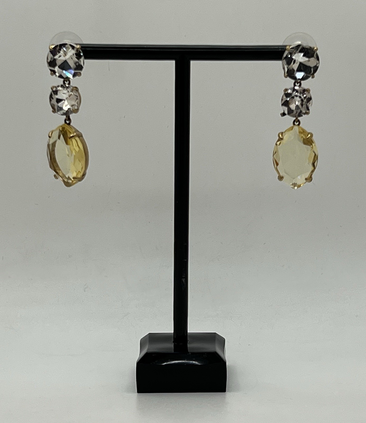 J. Crew Triple Crystal Drop Pierced Earrings Yellow & Clear Set In Gold Tone