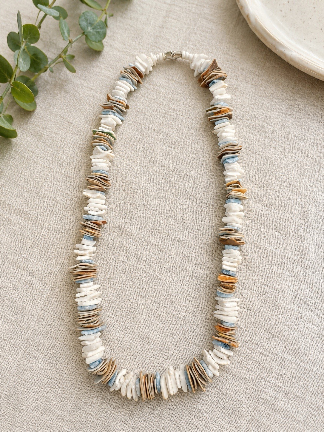 Natural Shell Chip Beaded Necklace White Brown Blue Beach Boho Coastal 18”