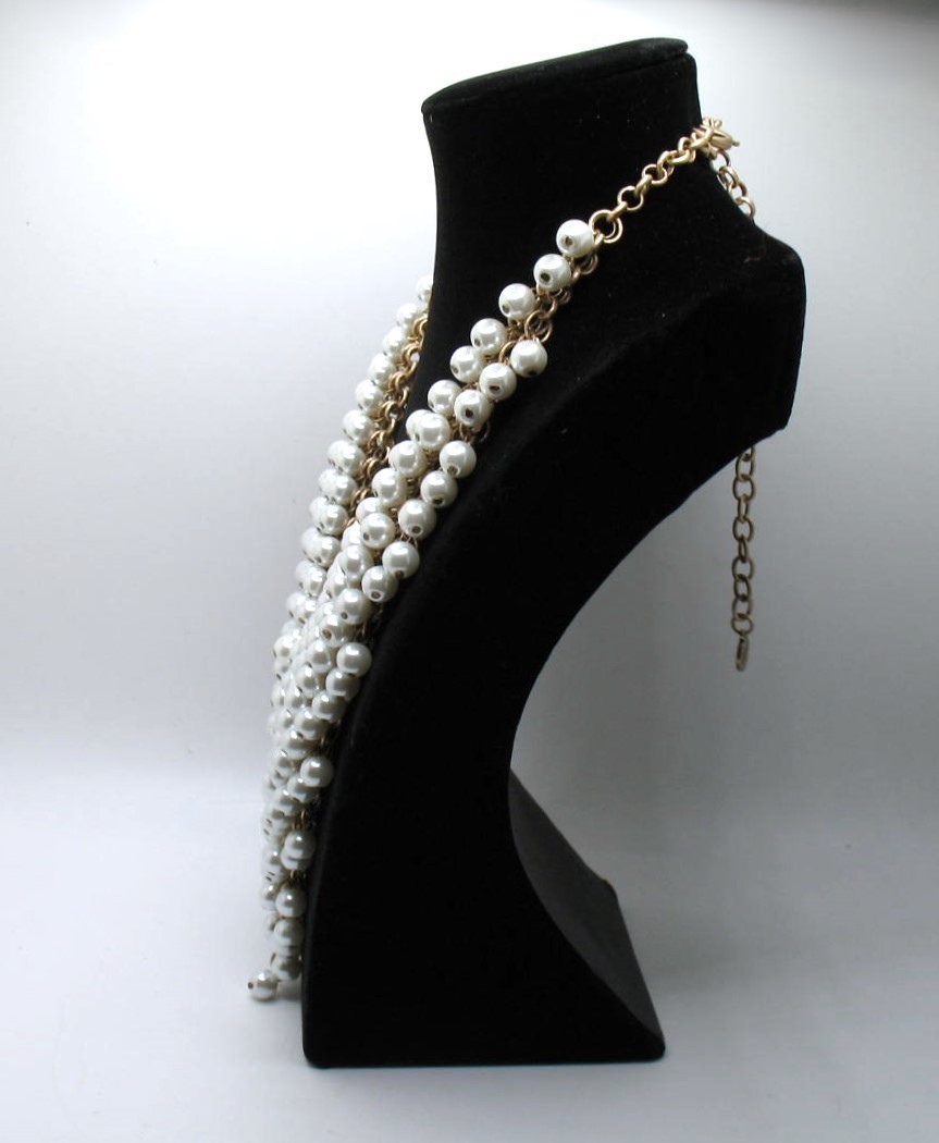 Vintage RJ Graziano statement bib necklace Goldtone chainmail and faux pearls