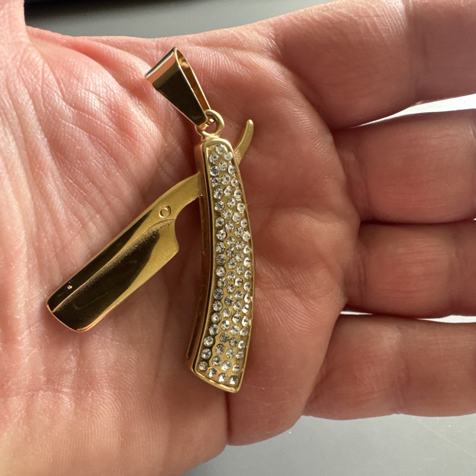 Razor Blade Barber Gold Plated Cubic Zirconia Pendant 24 Inch Chain Men’s Gift