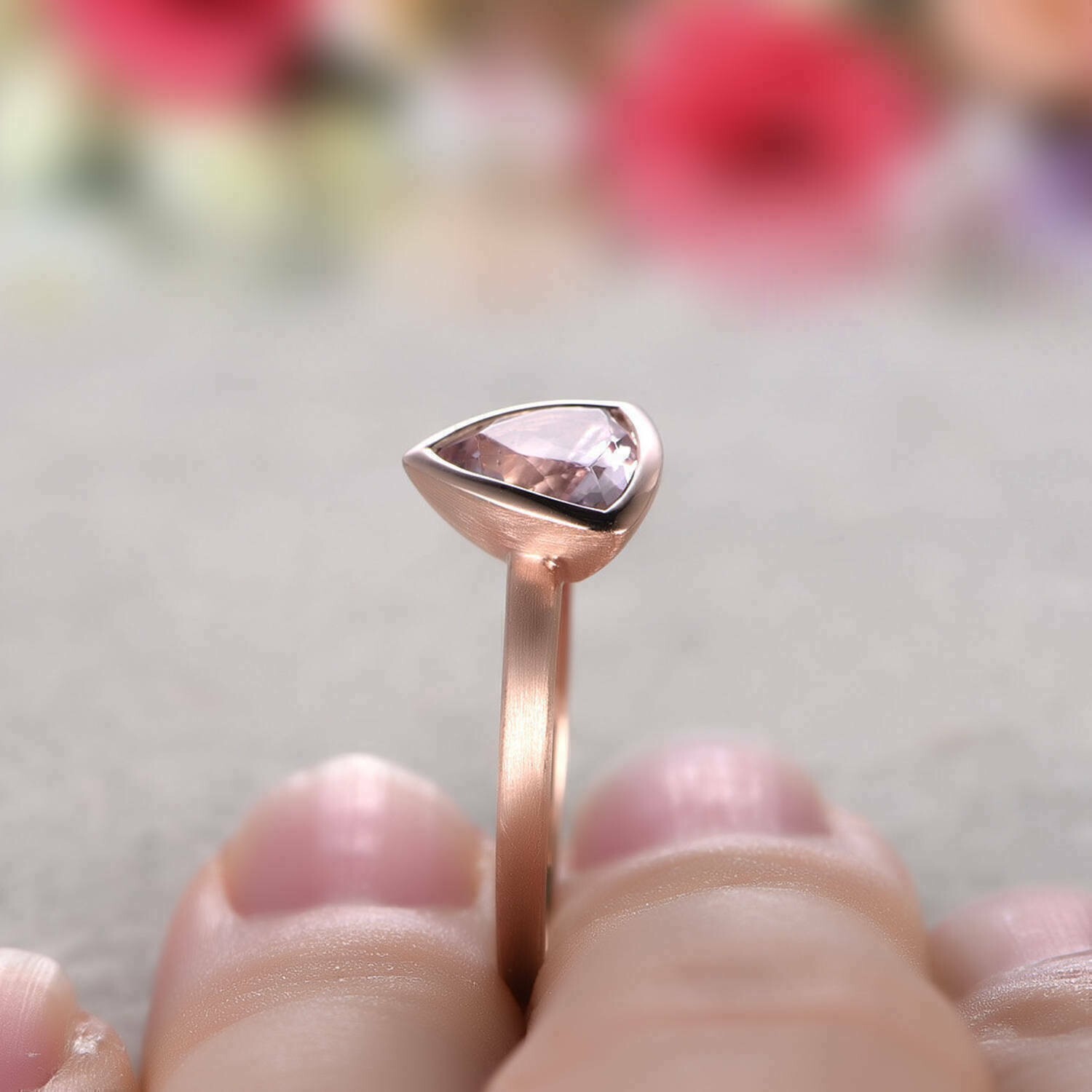 1.12Ct Trillion Cut Lab Created Morganite Women Ring 14k Rose Gold Plated Silver