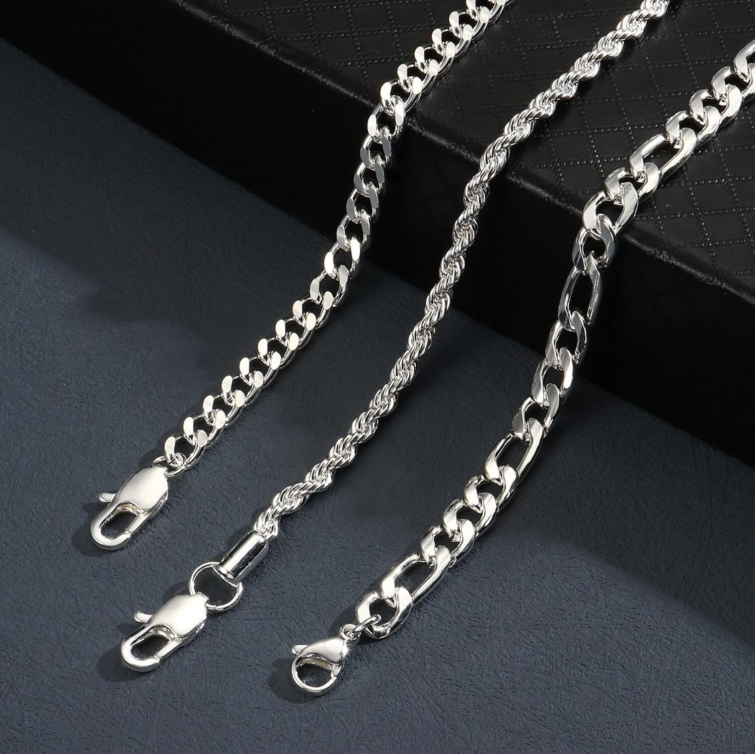 Chain Bracelets 3Pcs Men Stainless Steel Figaro Rope Cuban Link 8.3″L -Silver