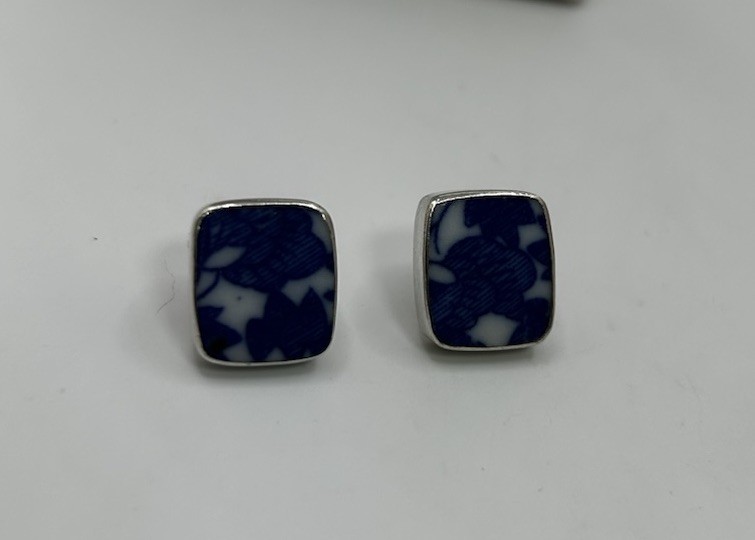Vintage Blue White Silver Floral Earrings Jewelry No Backings