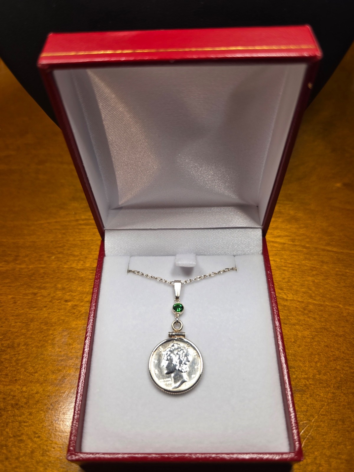 Vintage Mercury Dime Necklace Sterling Silver 925 Coin Pendant Emerald Green CZ