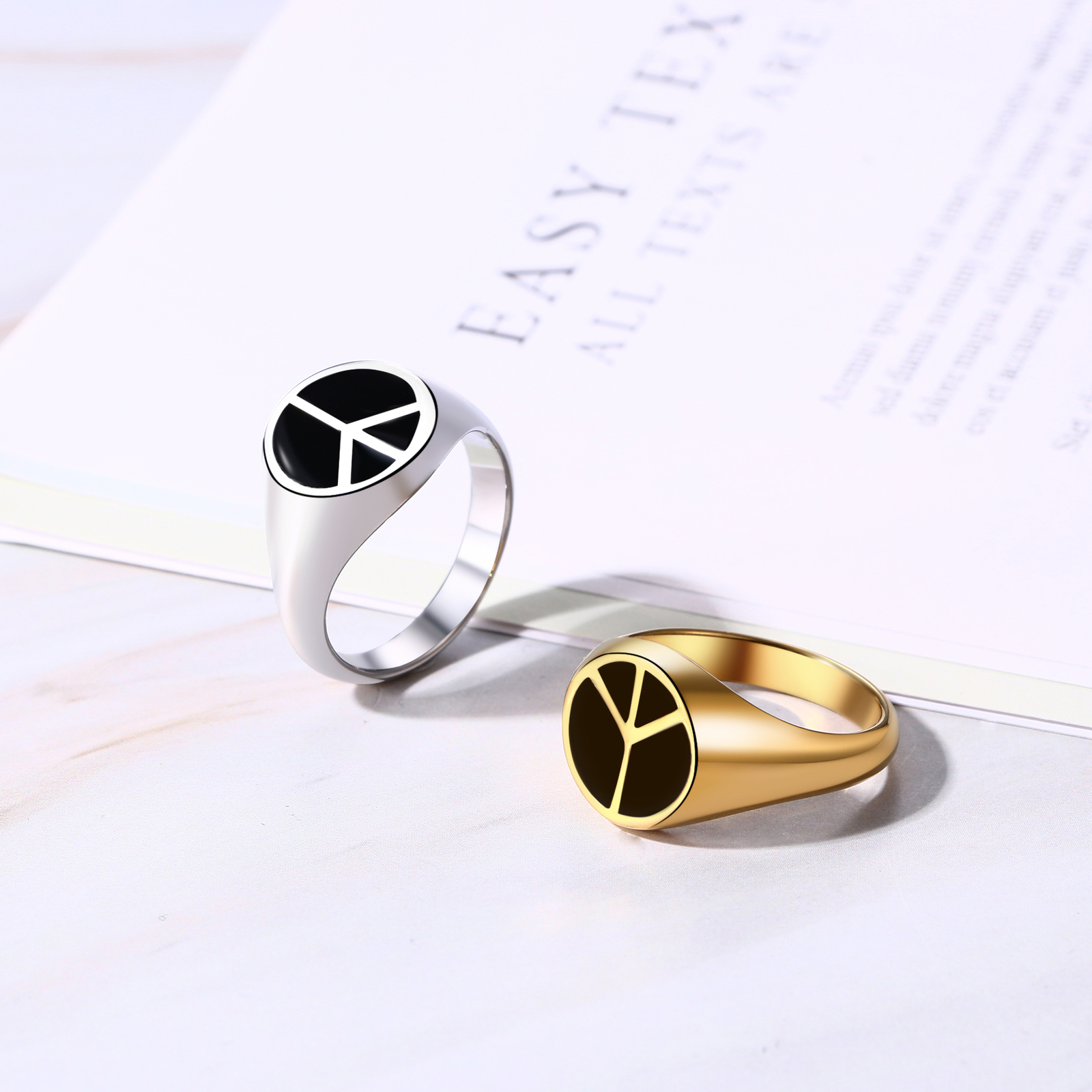 Men Gold Plated Stainless Steel Signet Ring Peace Sign Symbol No War Hippie Band
