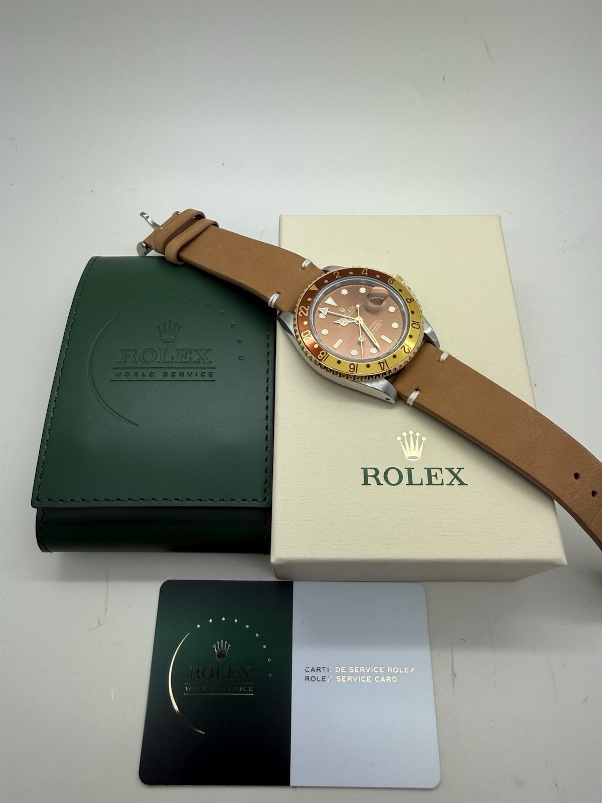 1989 Rolex GMT Master II Rootbeer Brown Bezel Dial Leather 40mm Watch 16713 RSC