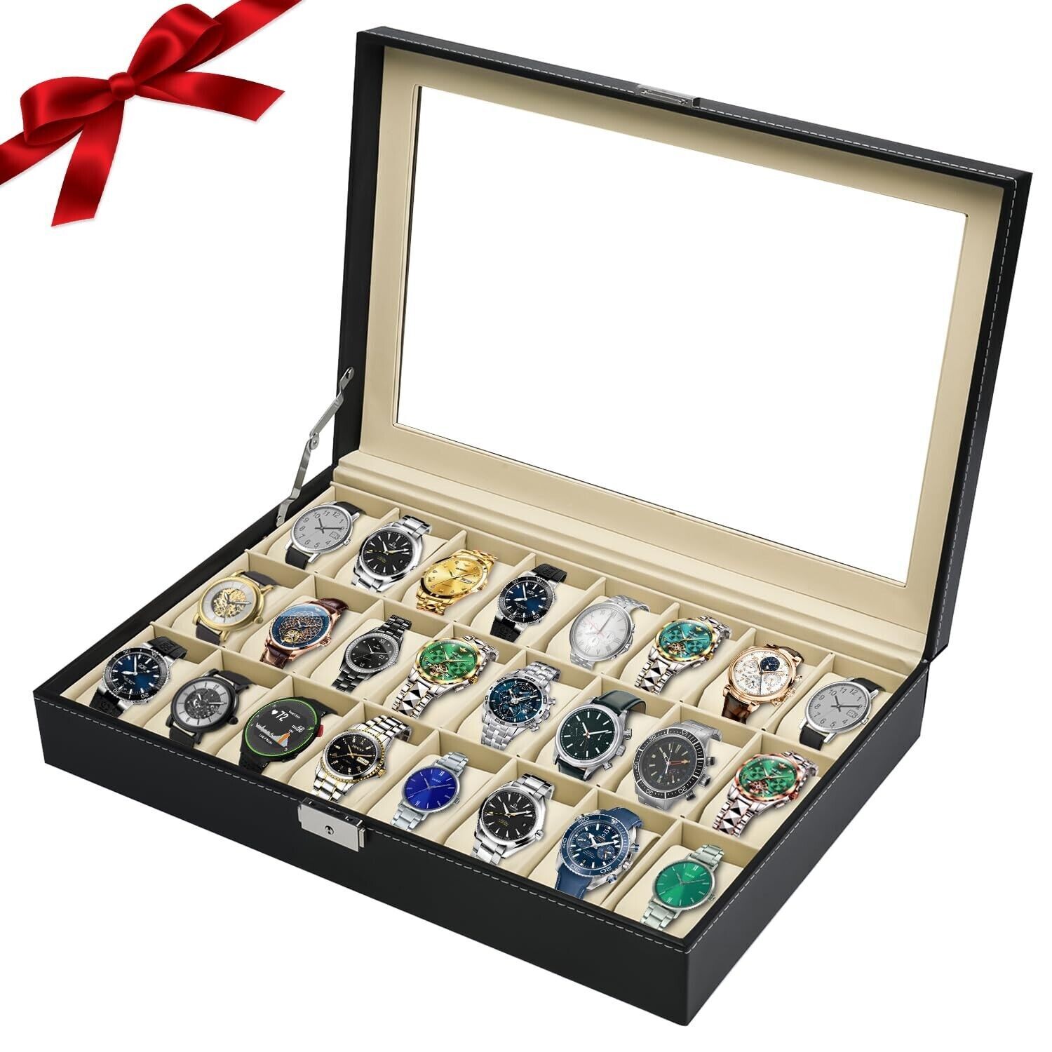 24 Slots Watch Box PU Leather Watch Case Organizer Watch Display Case Lockable !