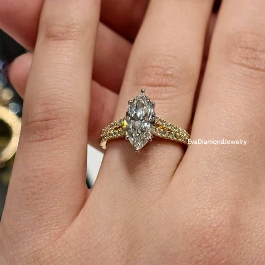 2.0CTW Marquise Moissanite Split Shank Engagement Ring 14k Multitone Gold Plated