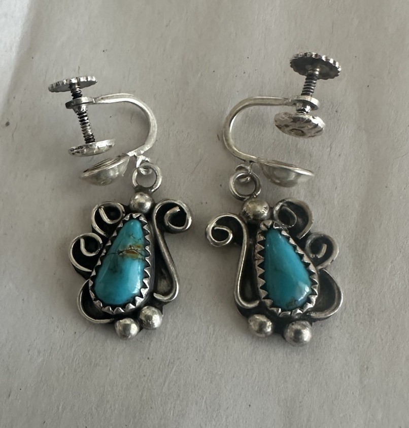 Vintage Sterling Silver Navajo SW Turquoise AM Signed Screwback Earrings 5.59g