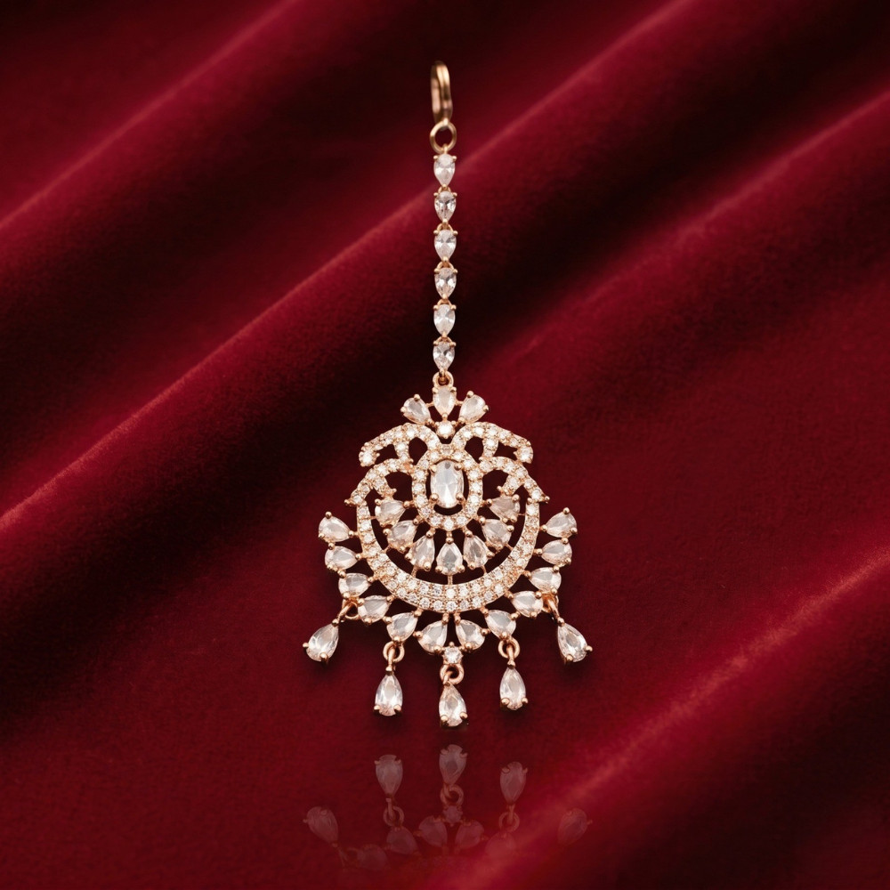 Rose Gold CZ Bridal Headpiece Maang Tikka Ethnic Jewelry for Women