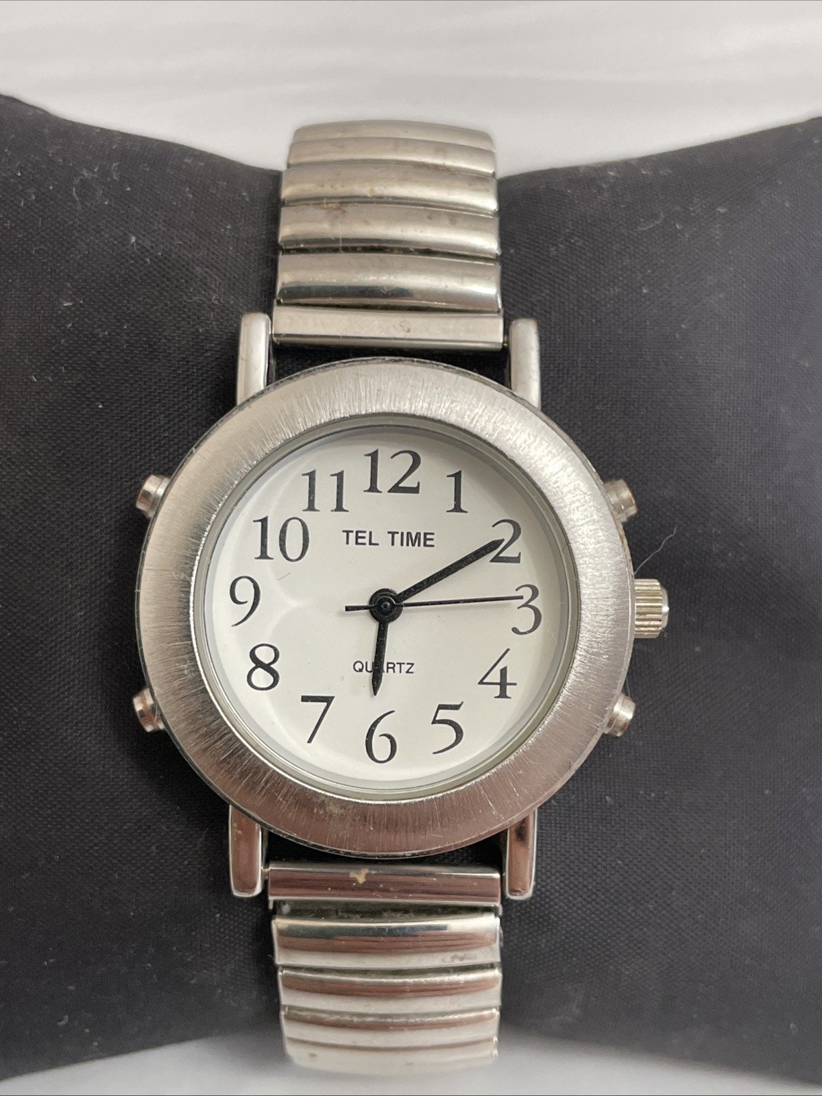 Vintage Tel-Time Watch Easy To Read Numerals Runs Speaks Date & Time Silver Tone